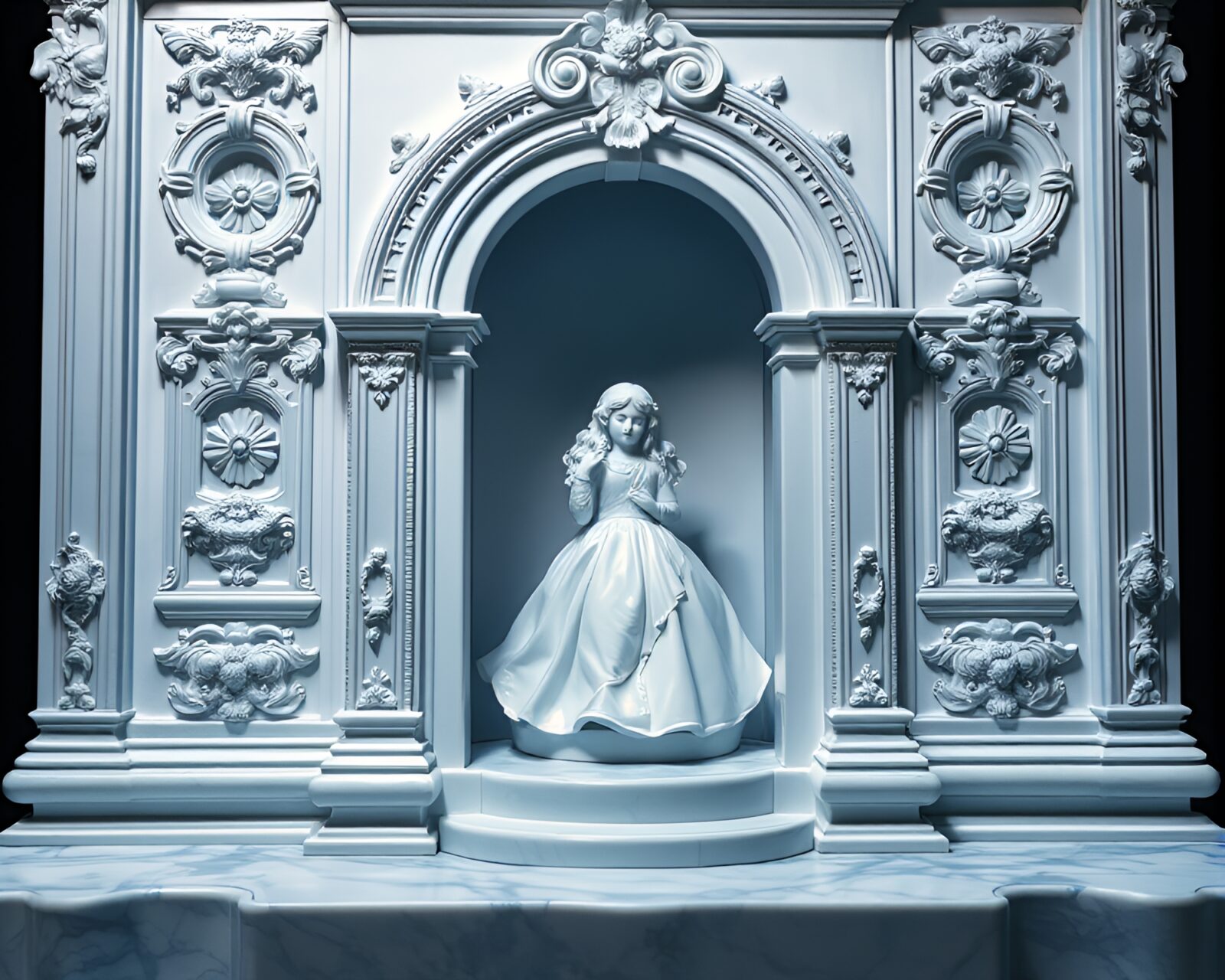 Eerie porcelain doll in shadows against ice-blue background