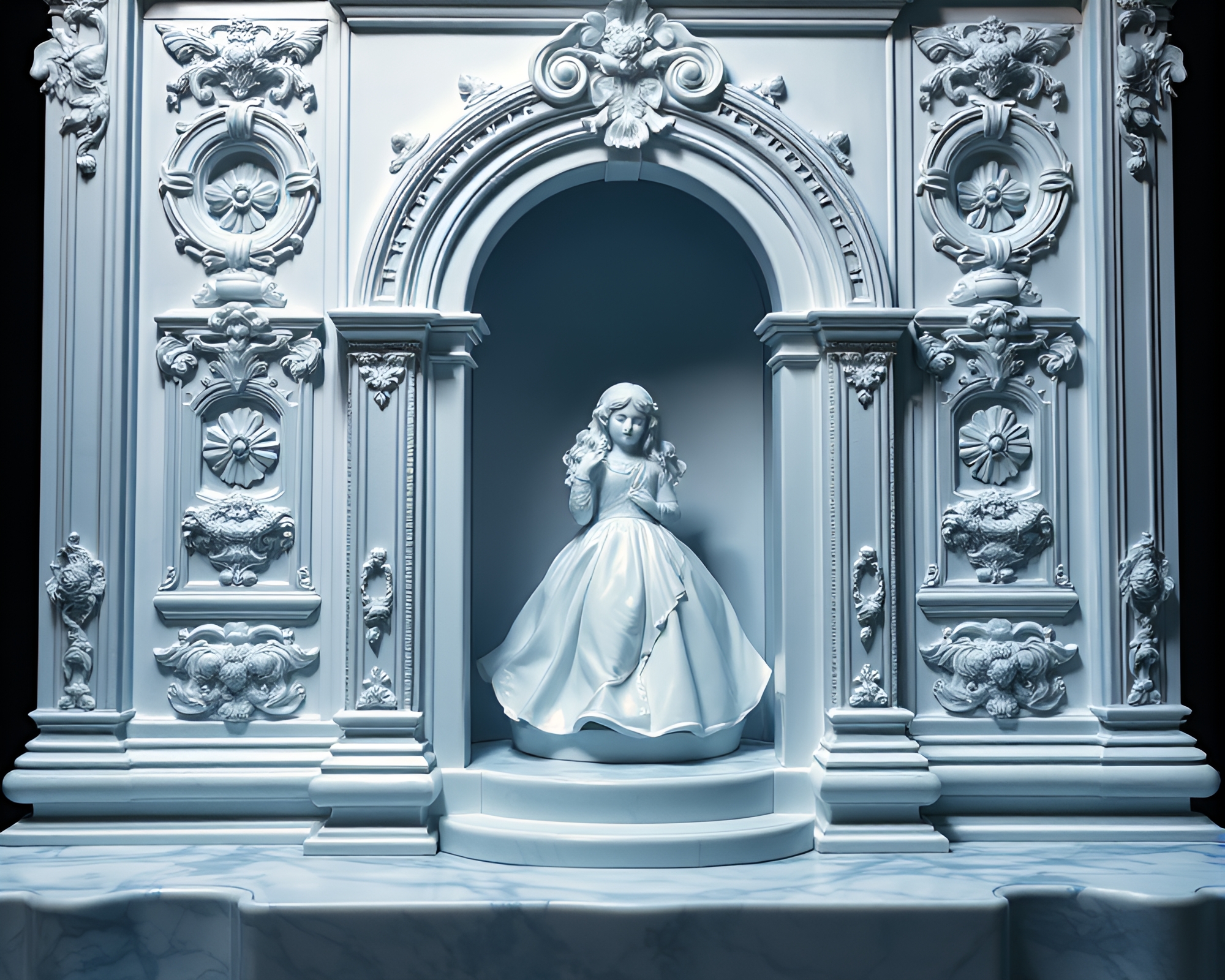 Tenebric Porcelain Doll in Ice-Blue Architectural Frame – free AI stock image