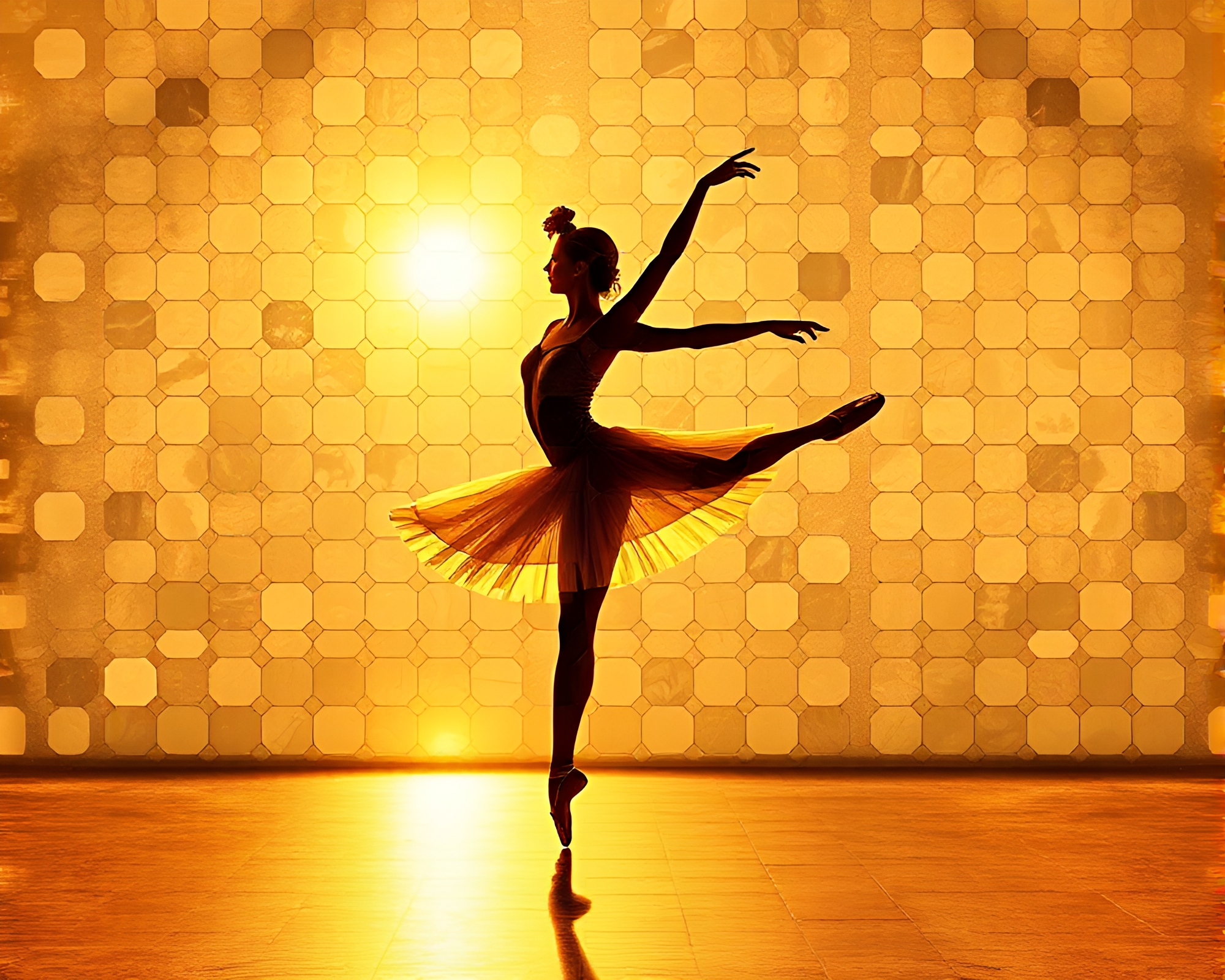 Hexagonal Ballet Dancer in Morning Golden Light Photocollage – free AI stock image