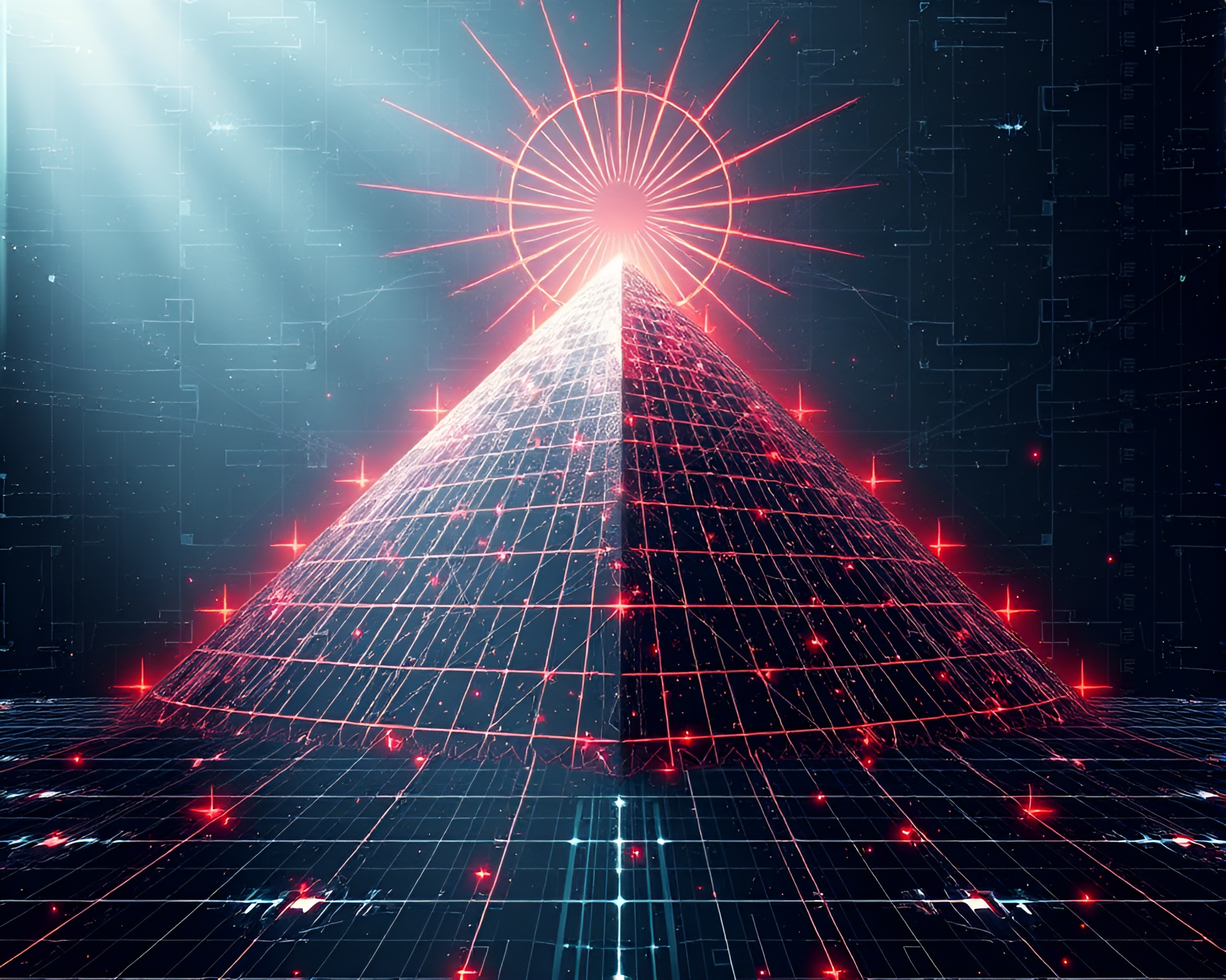 Pyramid Grid Illuminated by Cybernetic God Rays – free AI stock image