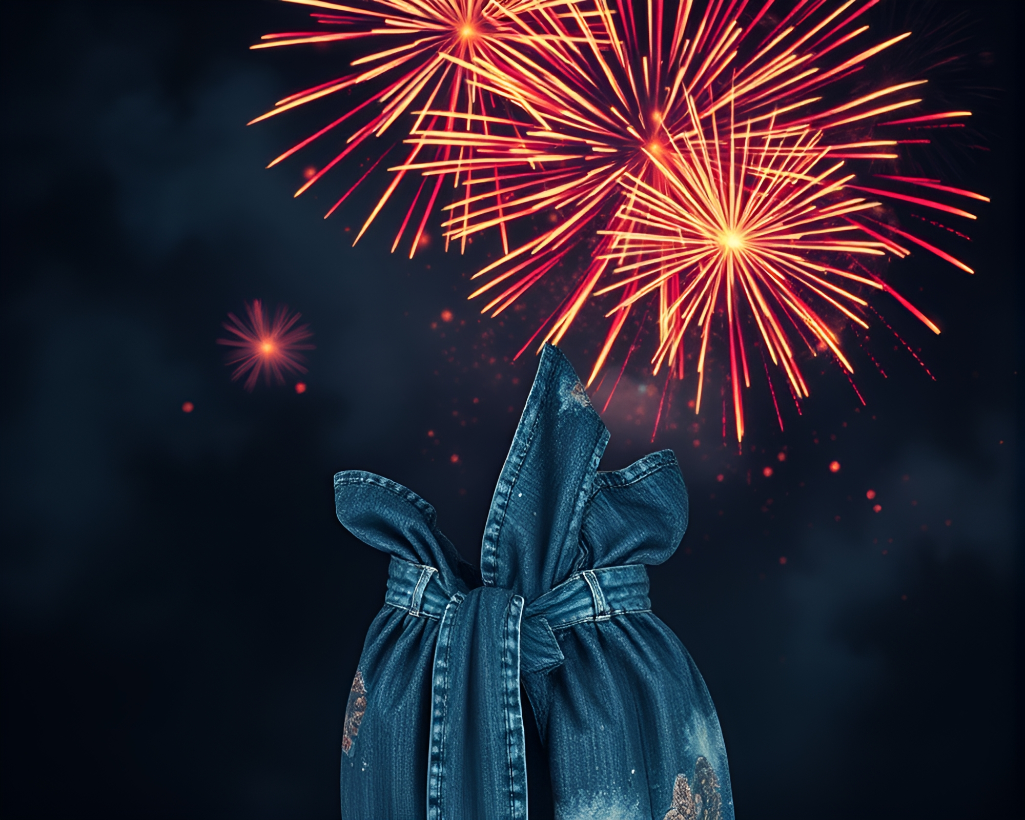 Explosive Fireworks Above Silk Kimono in Faded Denim Light – free AI stock image