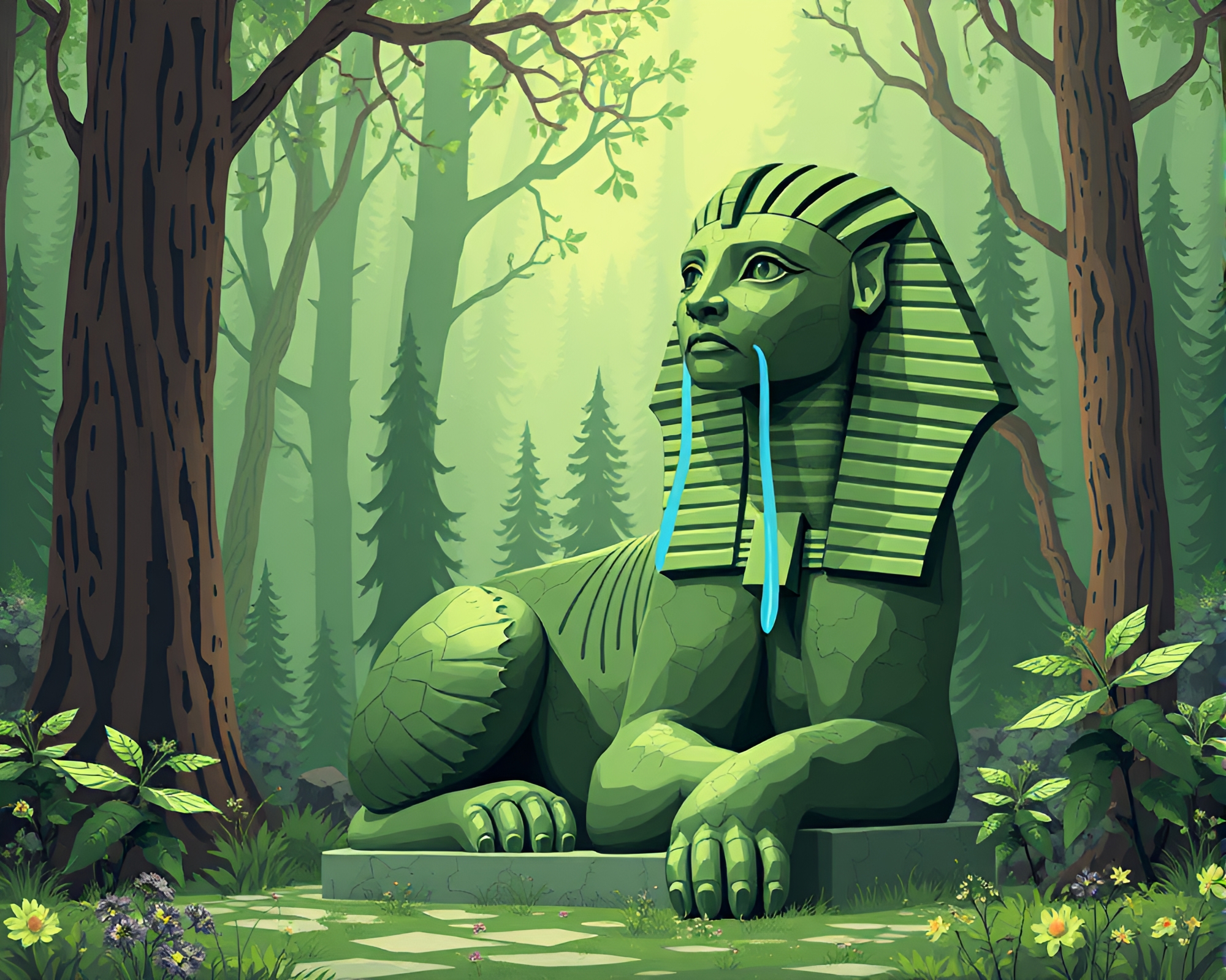 Enchanted forest Sphinx statue in 16-bit style – free AI stock image