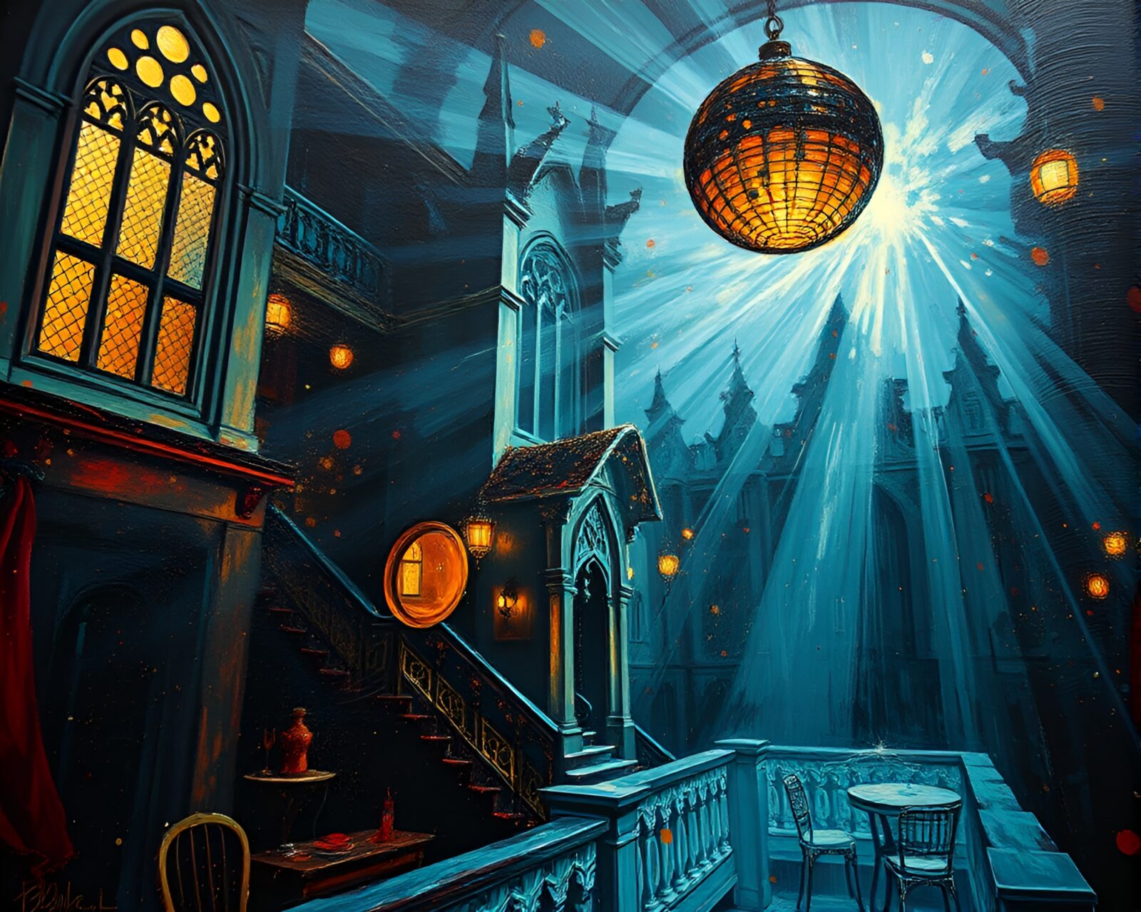Extreme close-up of shimmering disco ball in gothic mansion