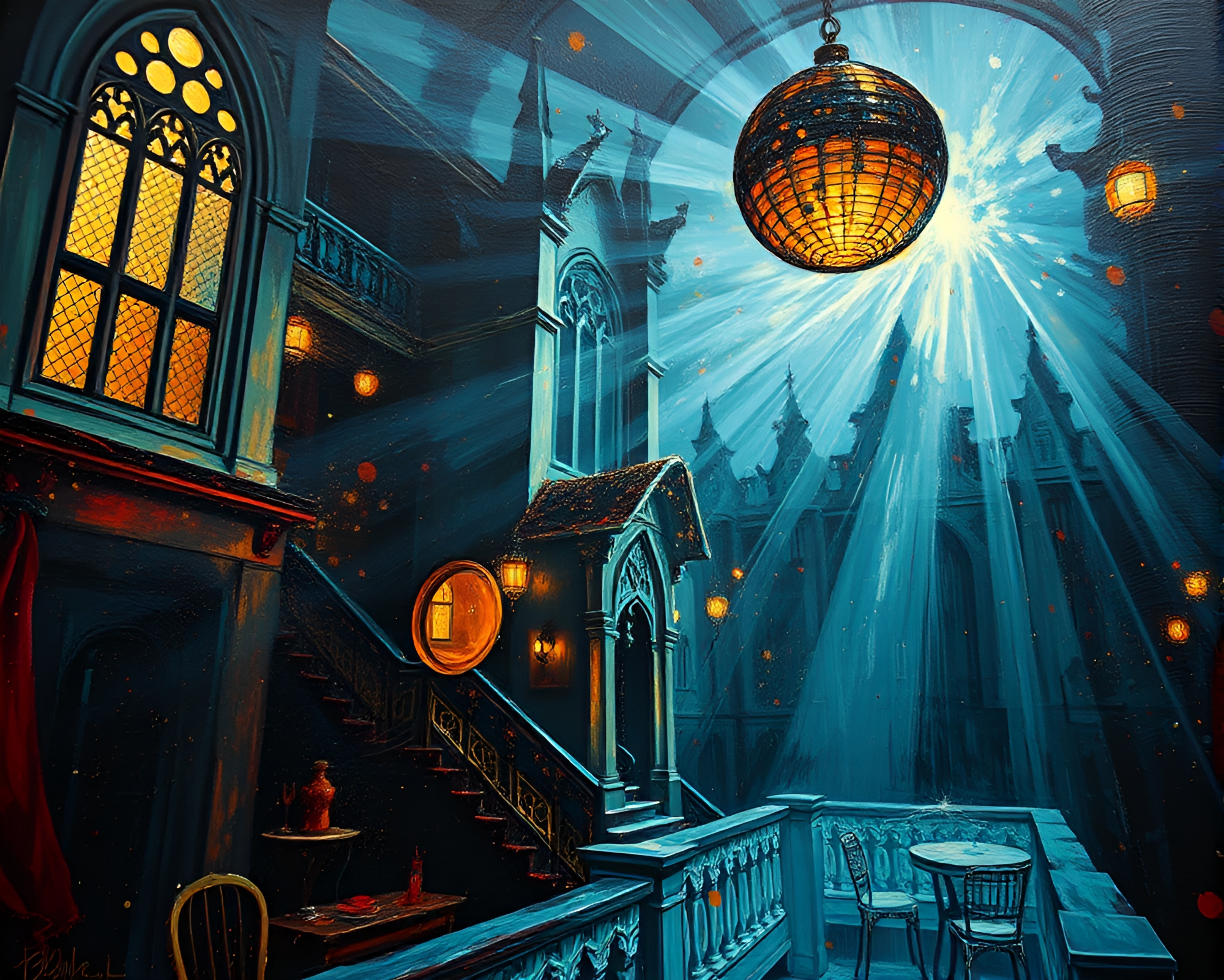 Neo-Gothic Mansion Disco Ball Close-Up – free AI stock image