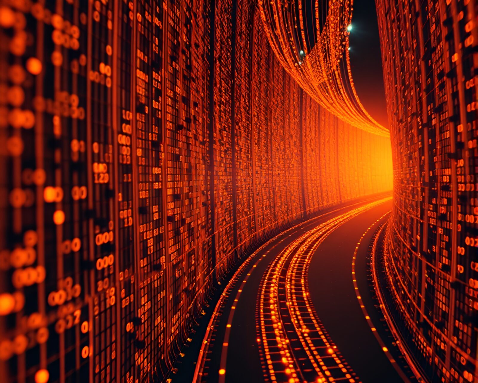 Wide-angle view of digital fields in glowing copper light