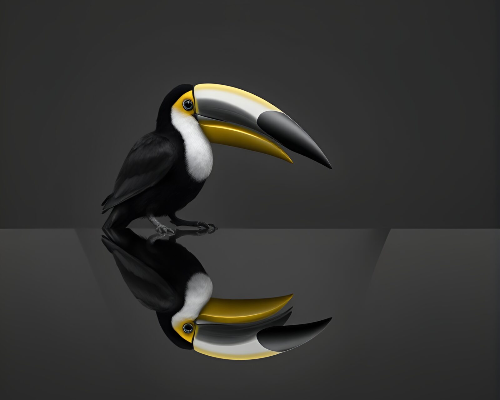 A dramatic macro photograph of a toucan in double reflection