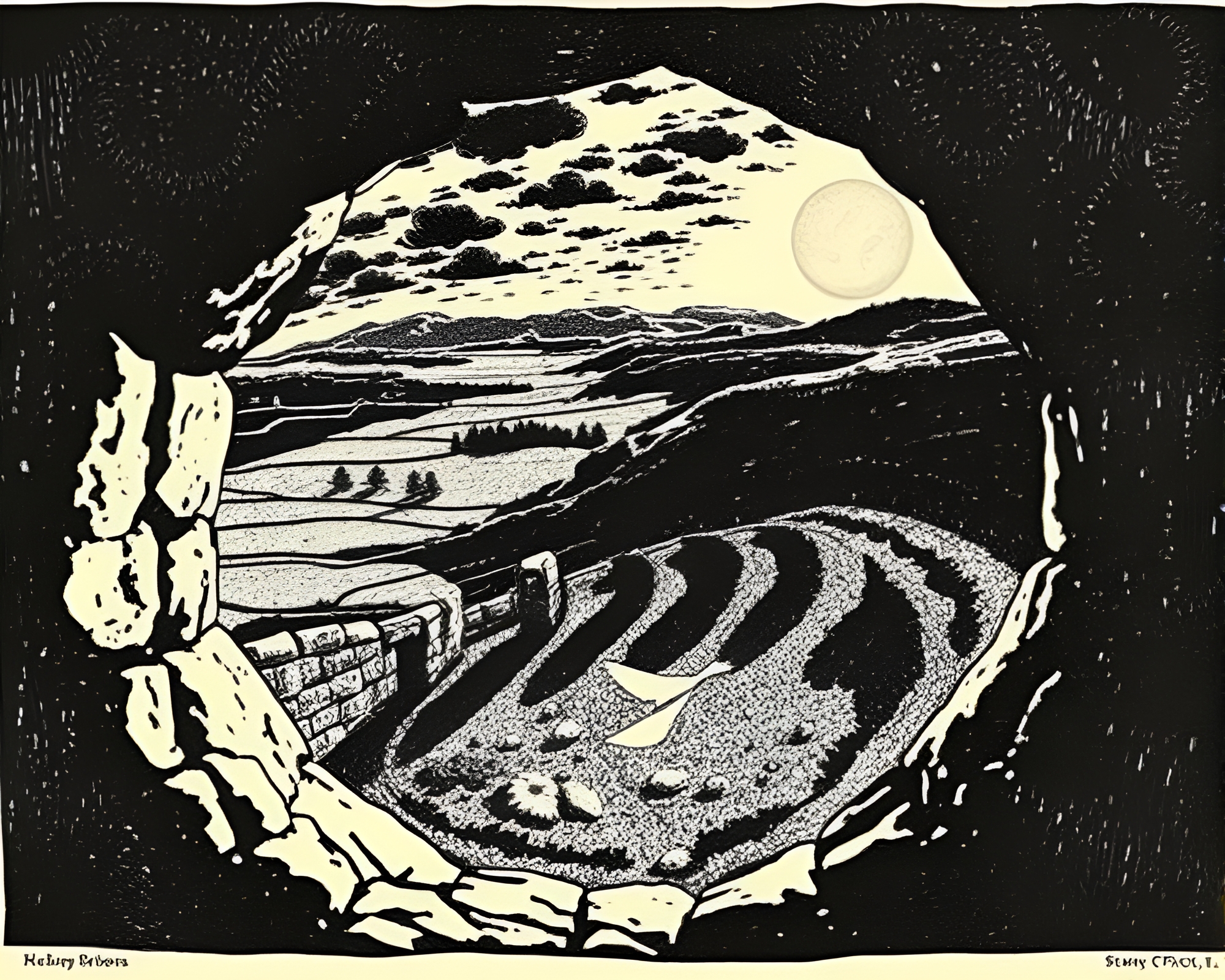 Stone Circle Bird’s Eye Woodcut Print – free AI stock image