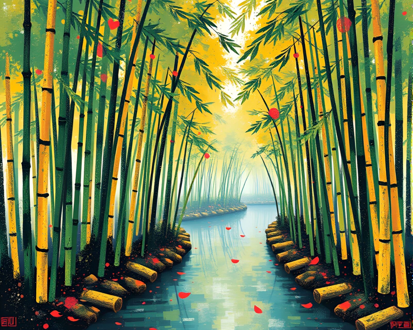 Abstract pixelated bamboo grove in retro futurism style.