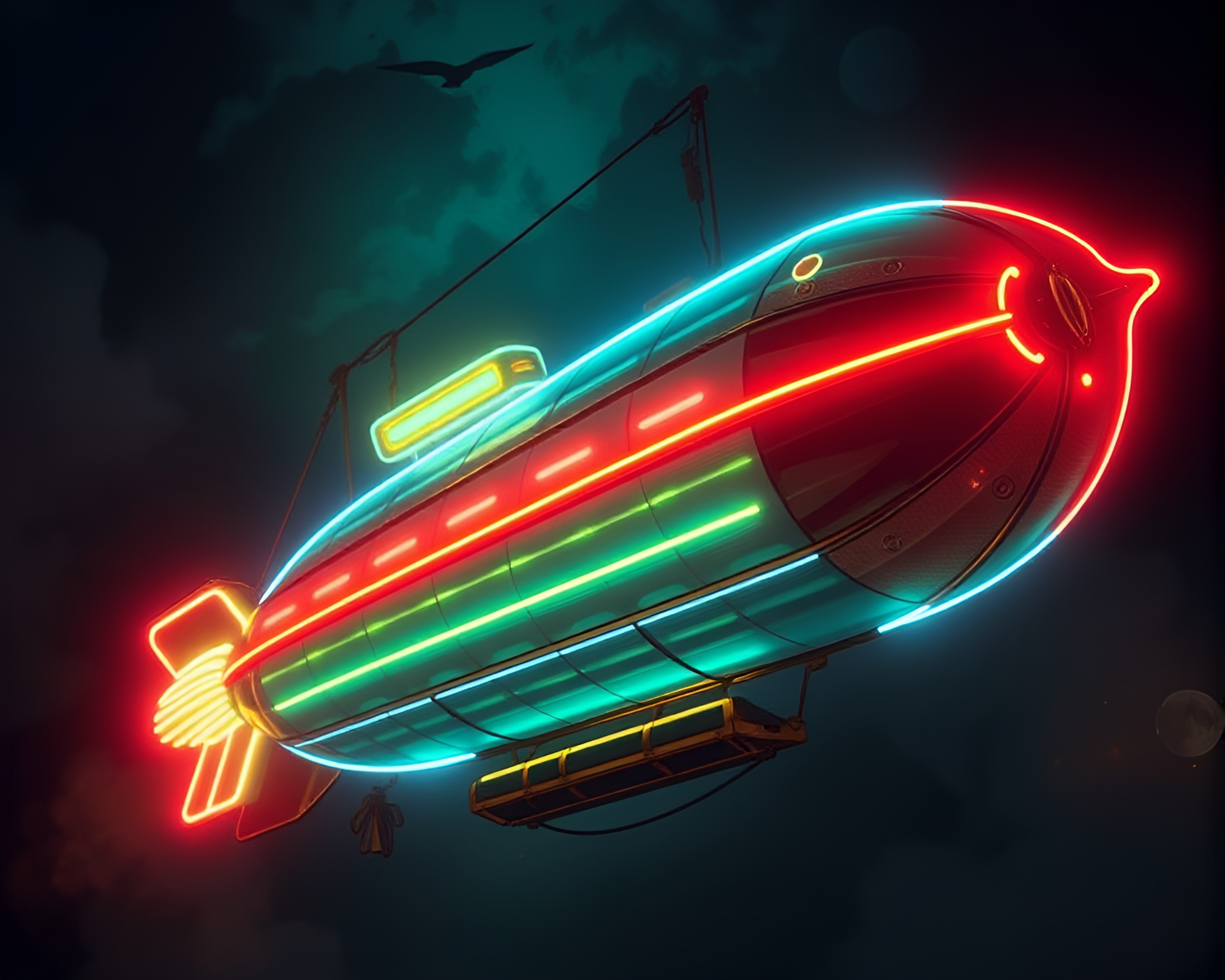 Glowing Steampunk Airship with Neon Tubing Accents – free AI stock image