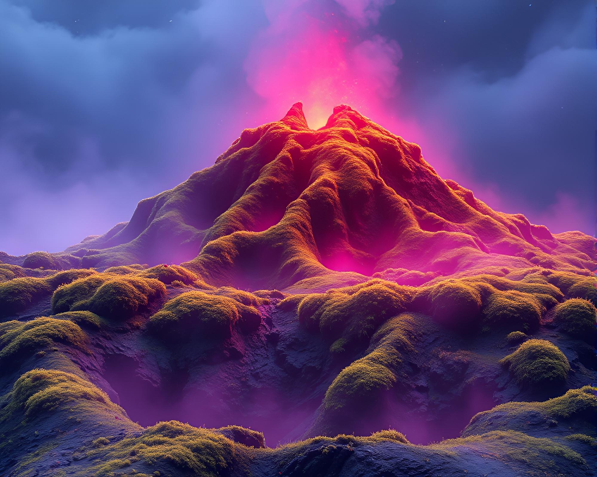 Volcanic Mossy Crater with Vaporwave Shadows – free AI stock image