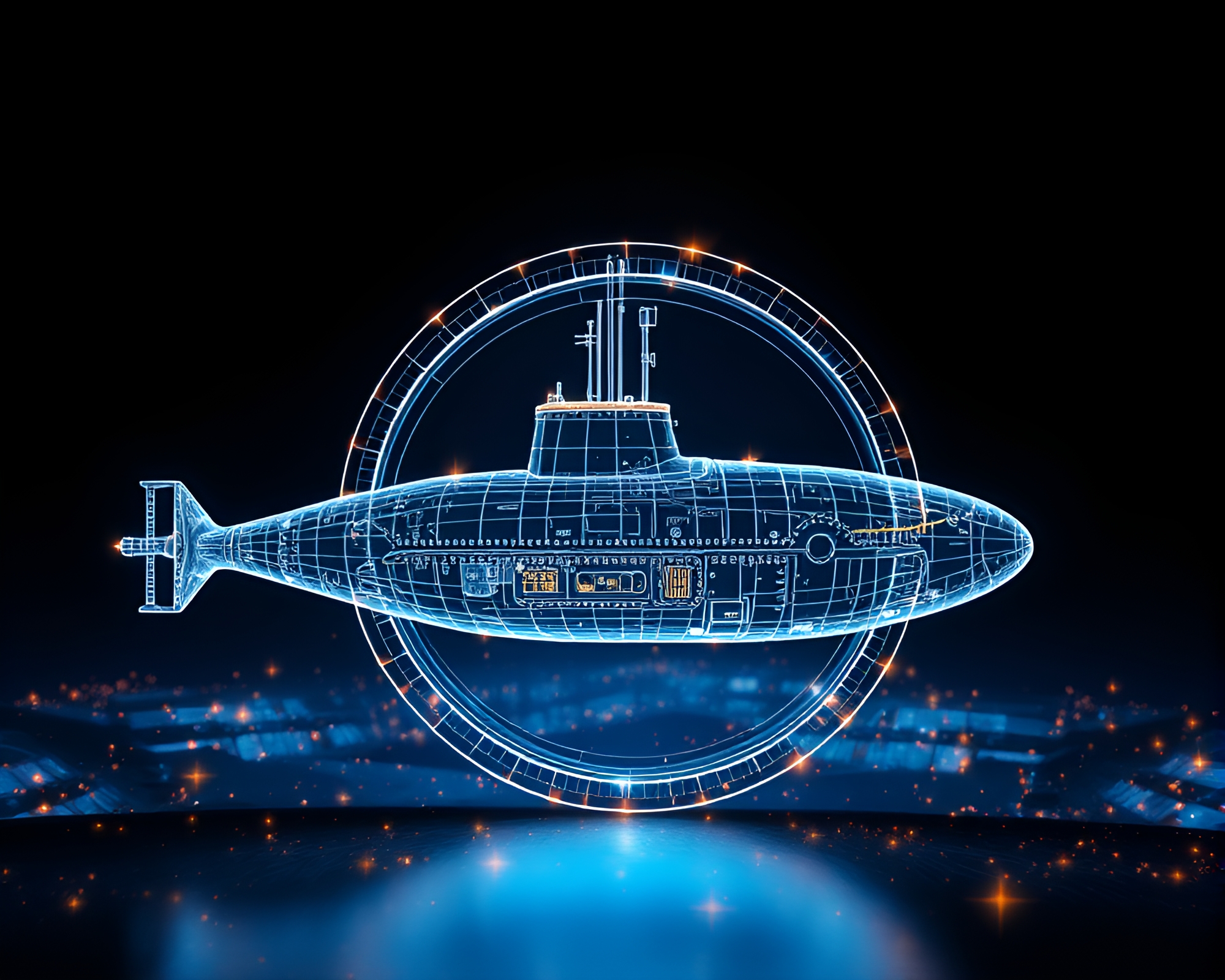 Futuristic Submarine Discovery in Holographic Wireframe Scene – free AI stock image