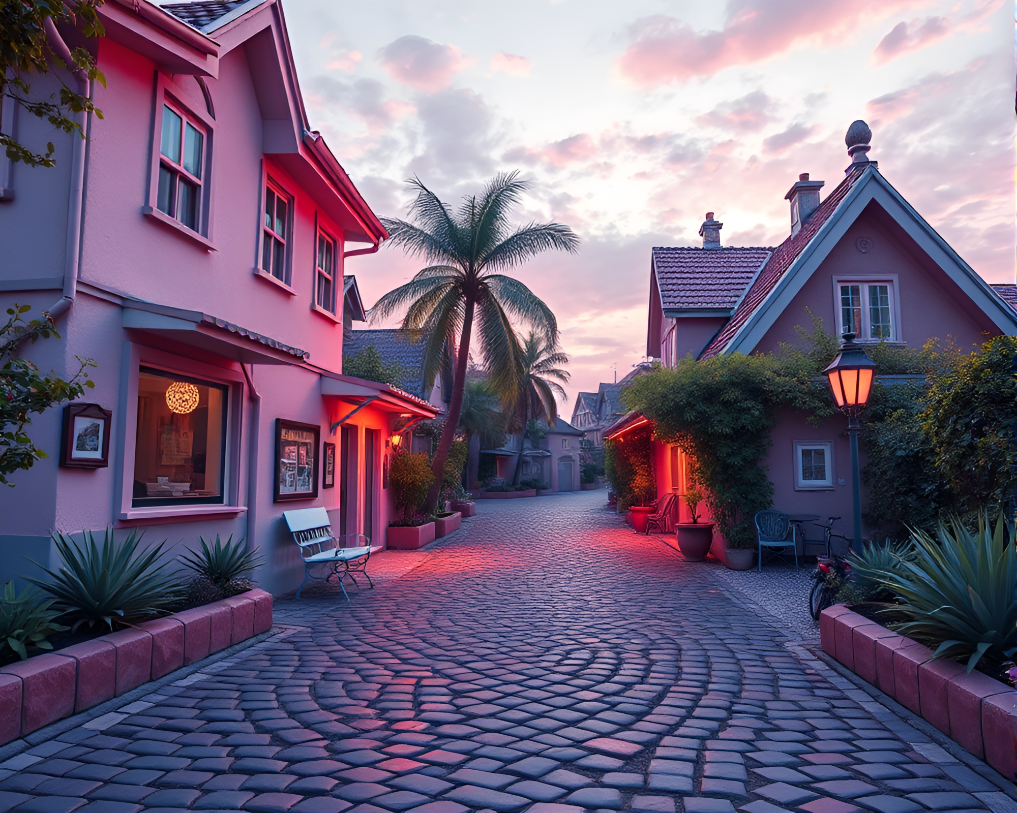 Sunrise Cobblestone Path in Virtual Reality Vaporwave Hub – free AI stock image