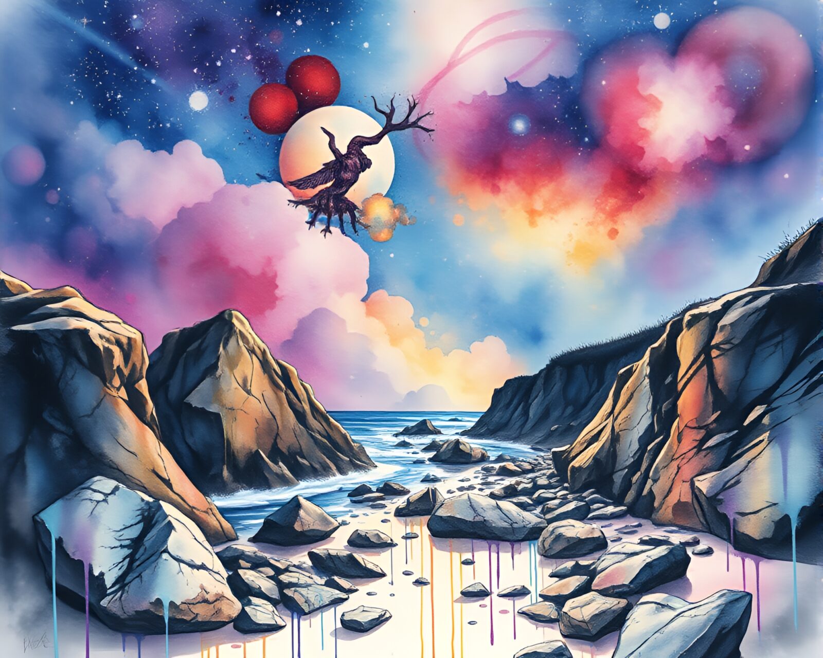 Vibrant watercolor wildlife amidst cosmic nebula colors and rocky textures