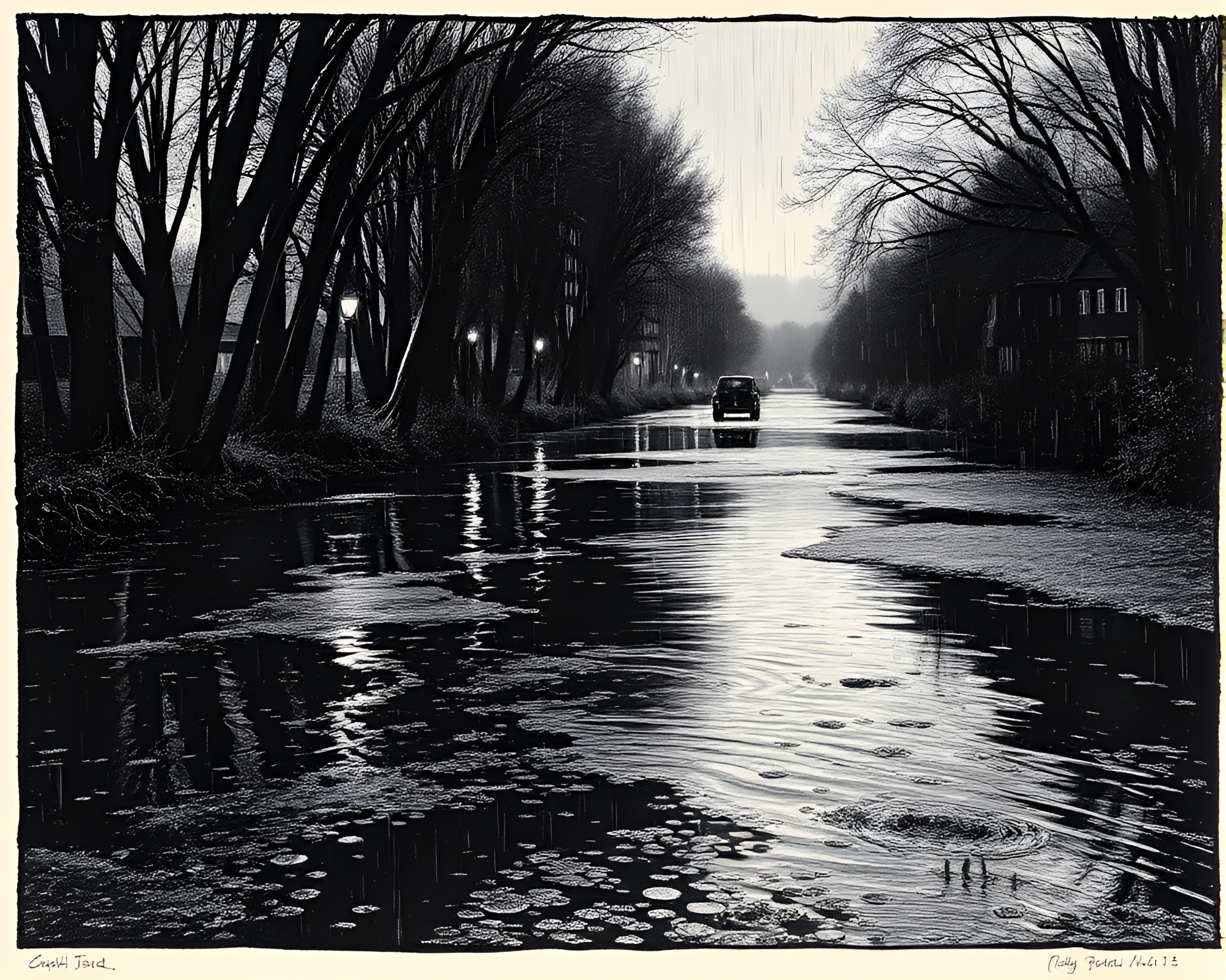 Savage River Rainy Reflections Woodcut Print – free AI stock image