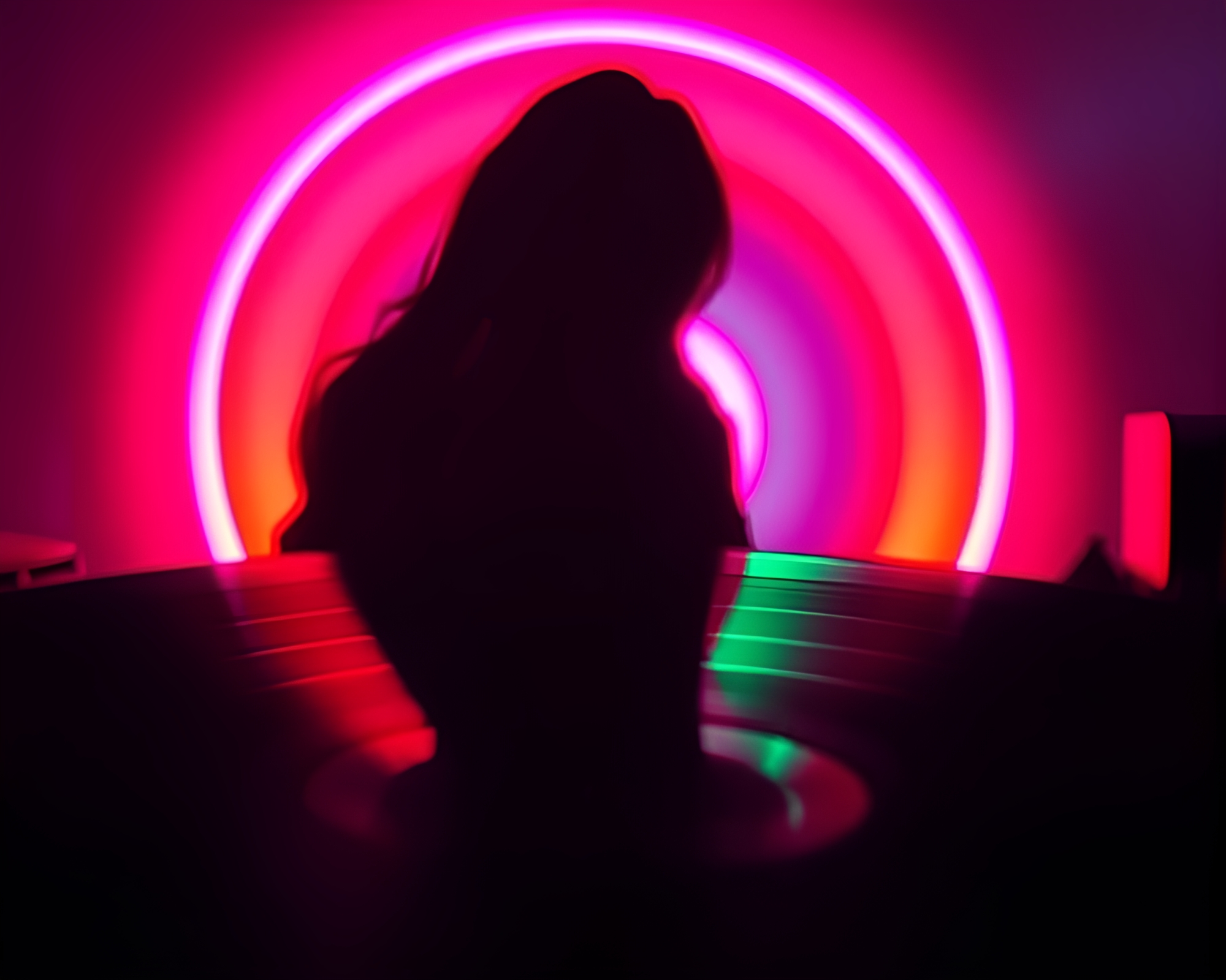Neon Silhouette of Vinyl Record with Chromatic Aberration – free AI stock image