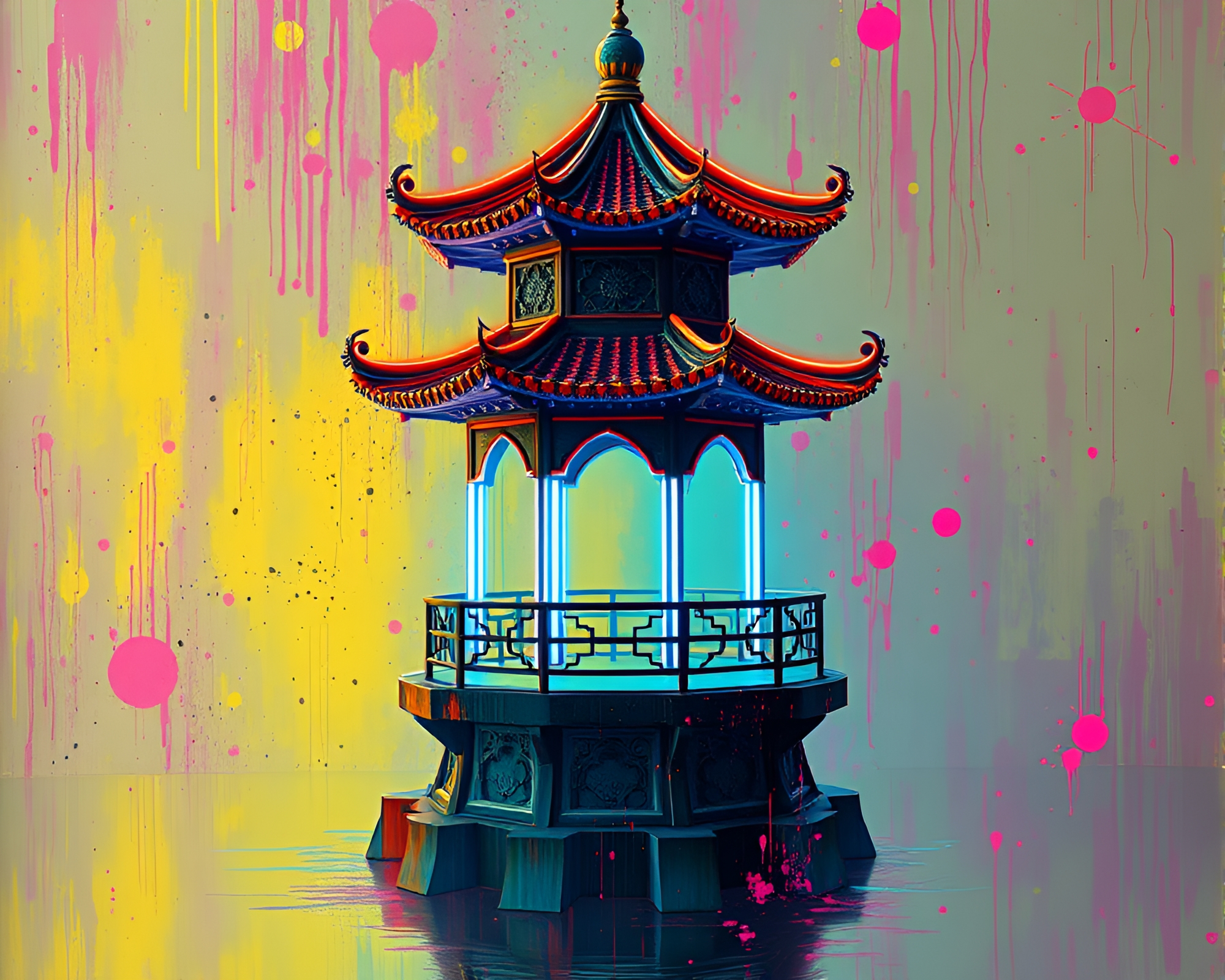 Neon Pagoda Art in Splatter Neon Lights – free AI stock image