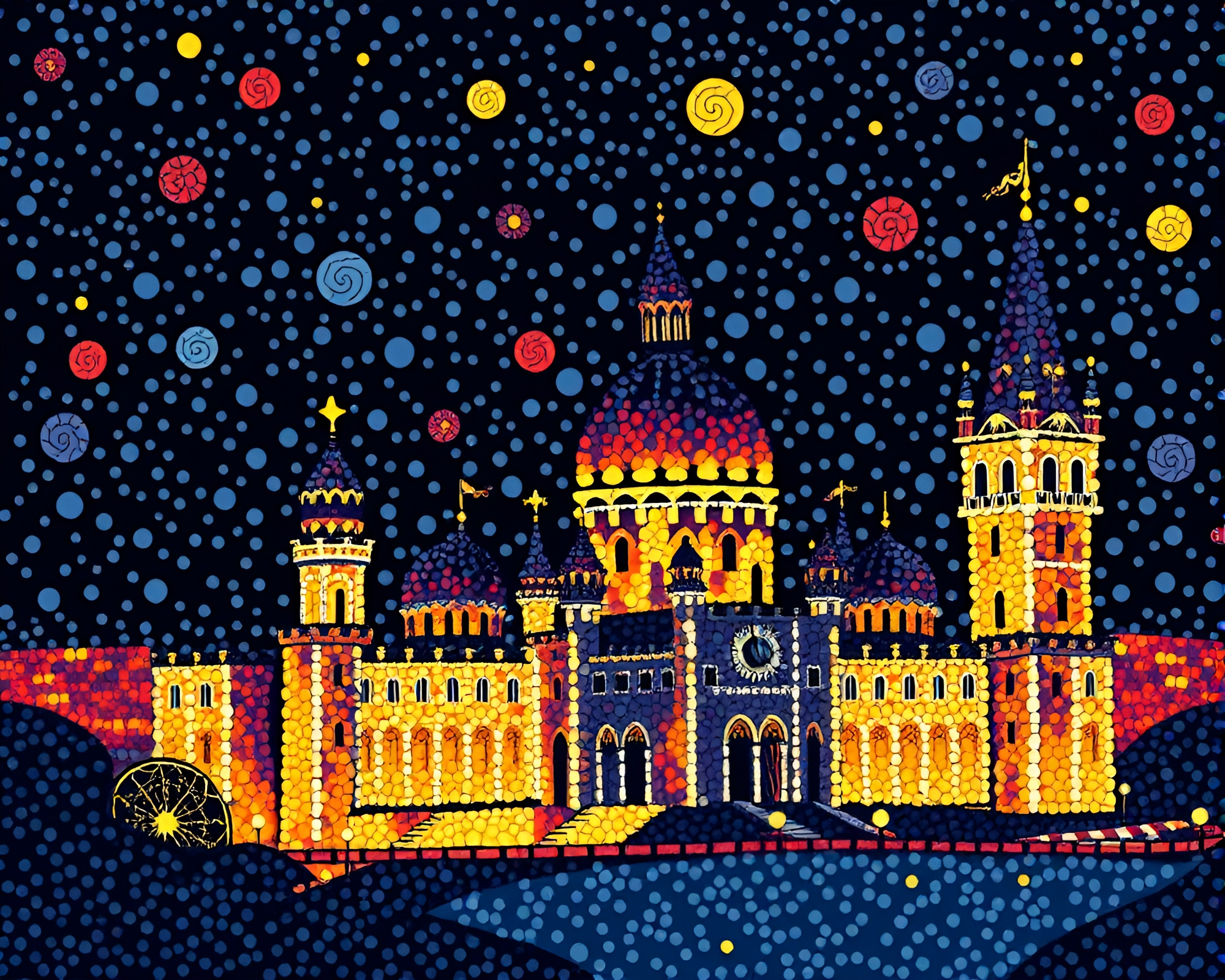 Castle Lights: Mosaic Night View – free AI stock image