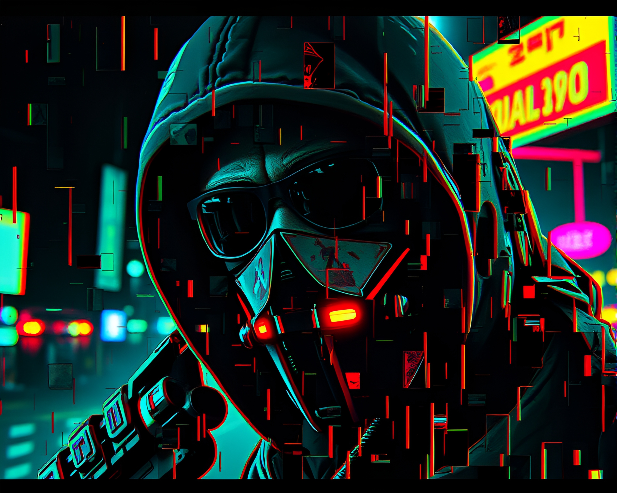 Cyberpunk Vigilante in Fragmented 3D Mosaic Landscape – free AI stock image