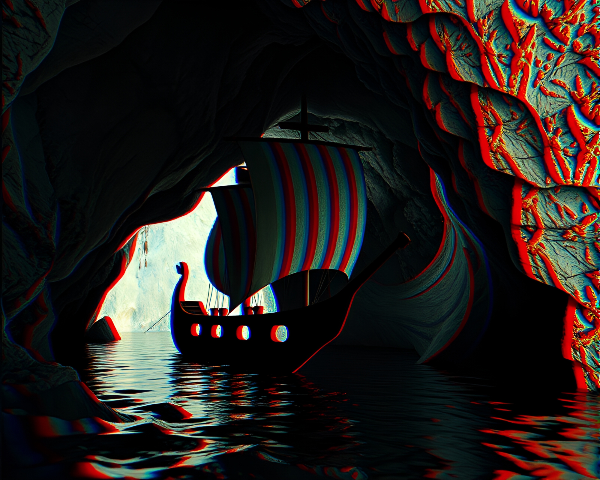 Fractal Viking longship entering cave in 3D – free AI stock image
