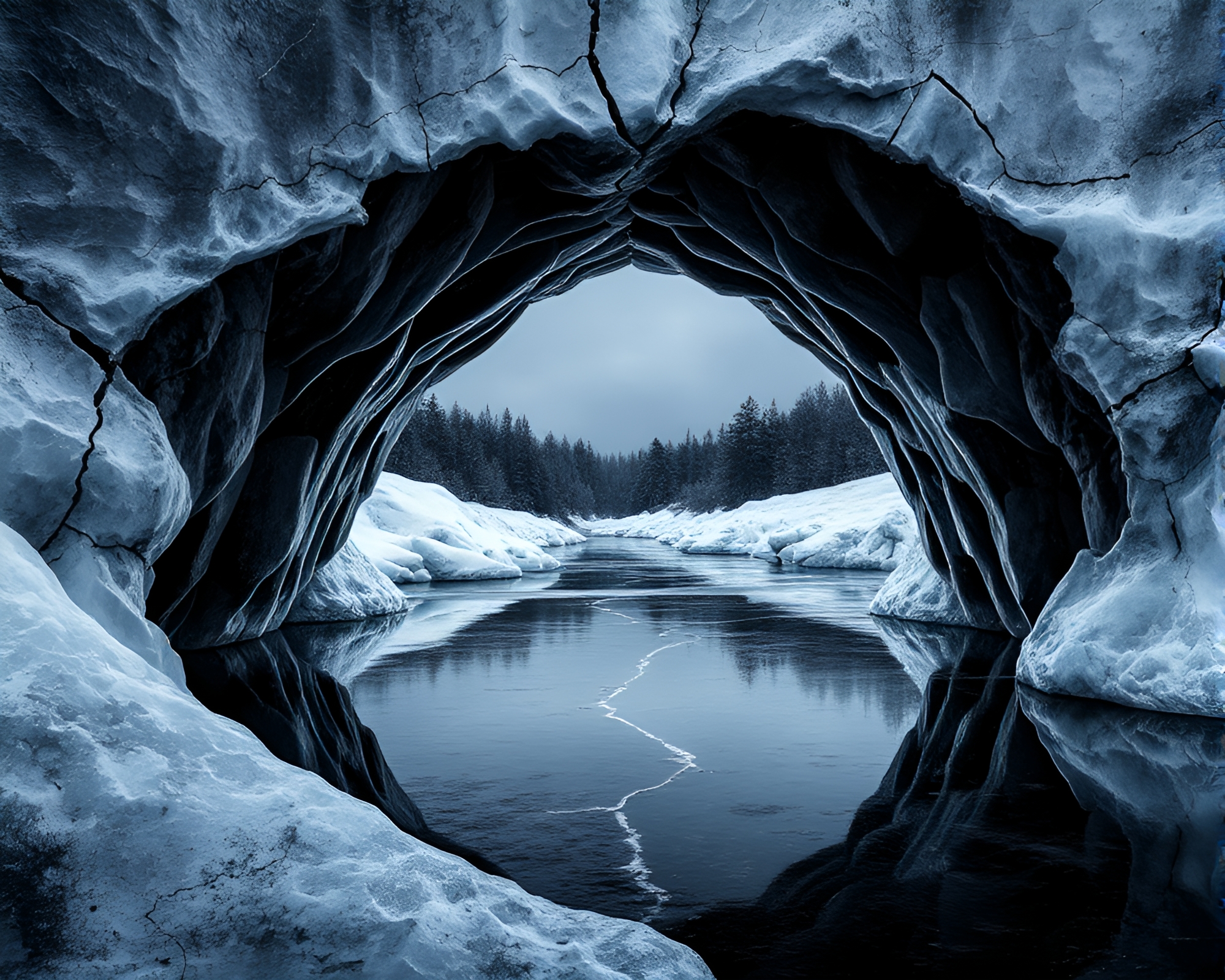 Charcoal Black Arch Bridge Reflection Crack Art – free AI stock image