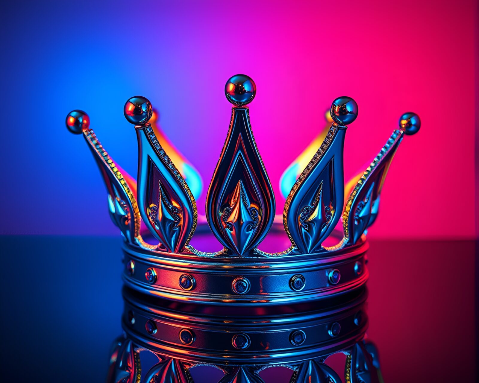 Vibrant neon colors reflecting on a chrome crown sculpture