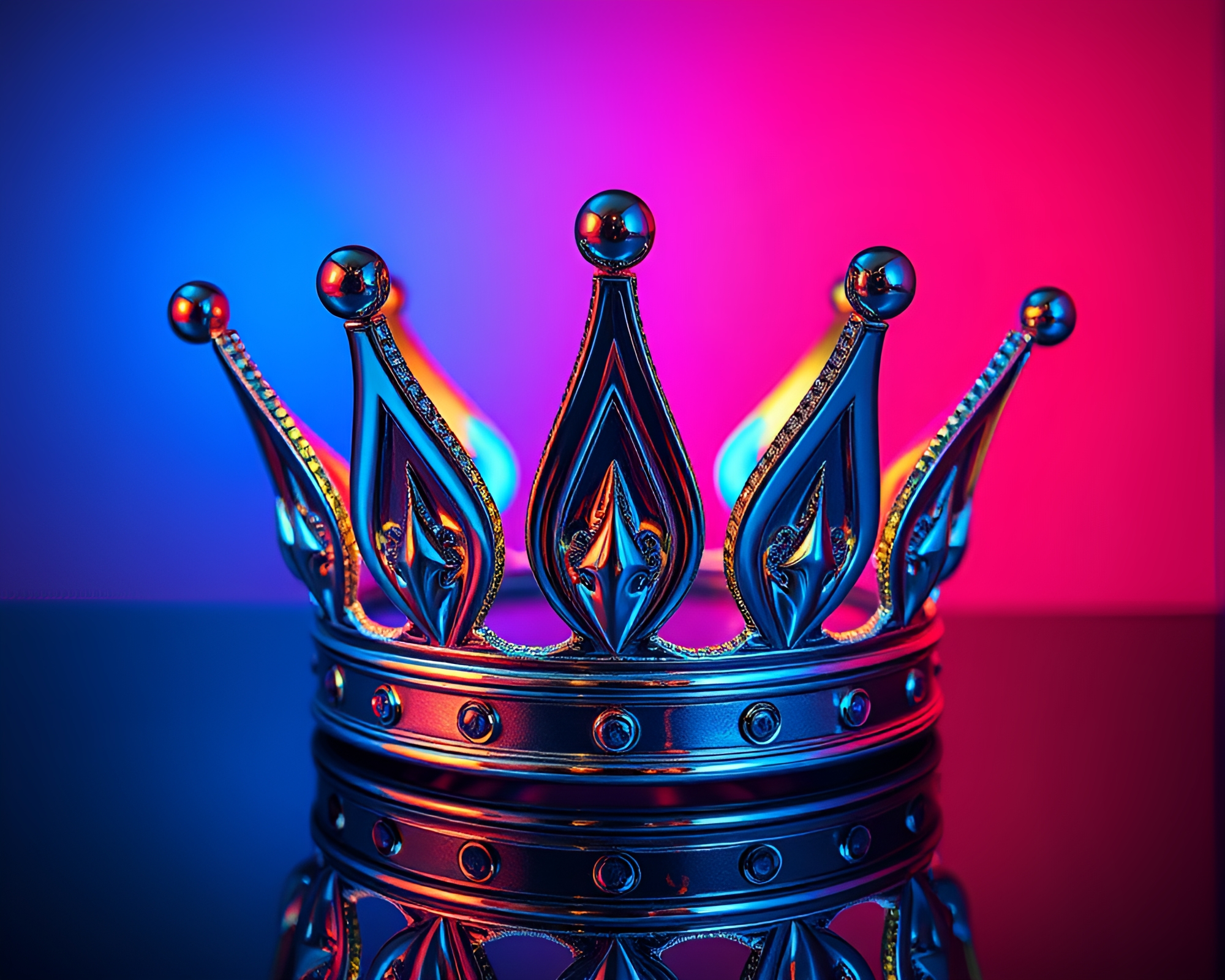 Neon Crown Reflection in Maximalist Chrome Design – free AI stock image