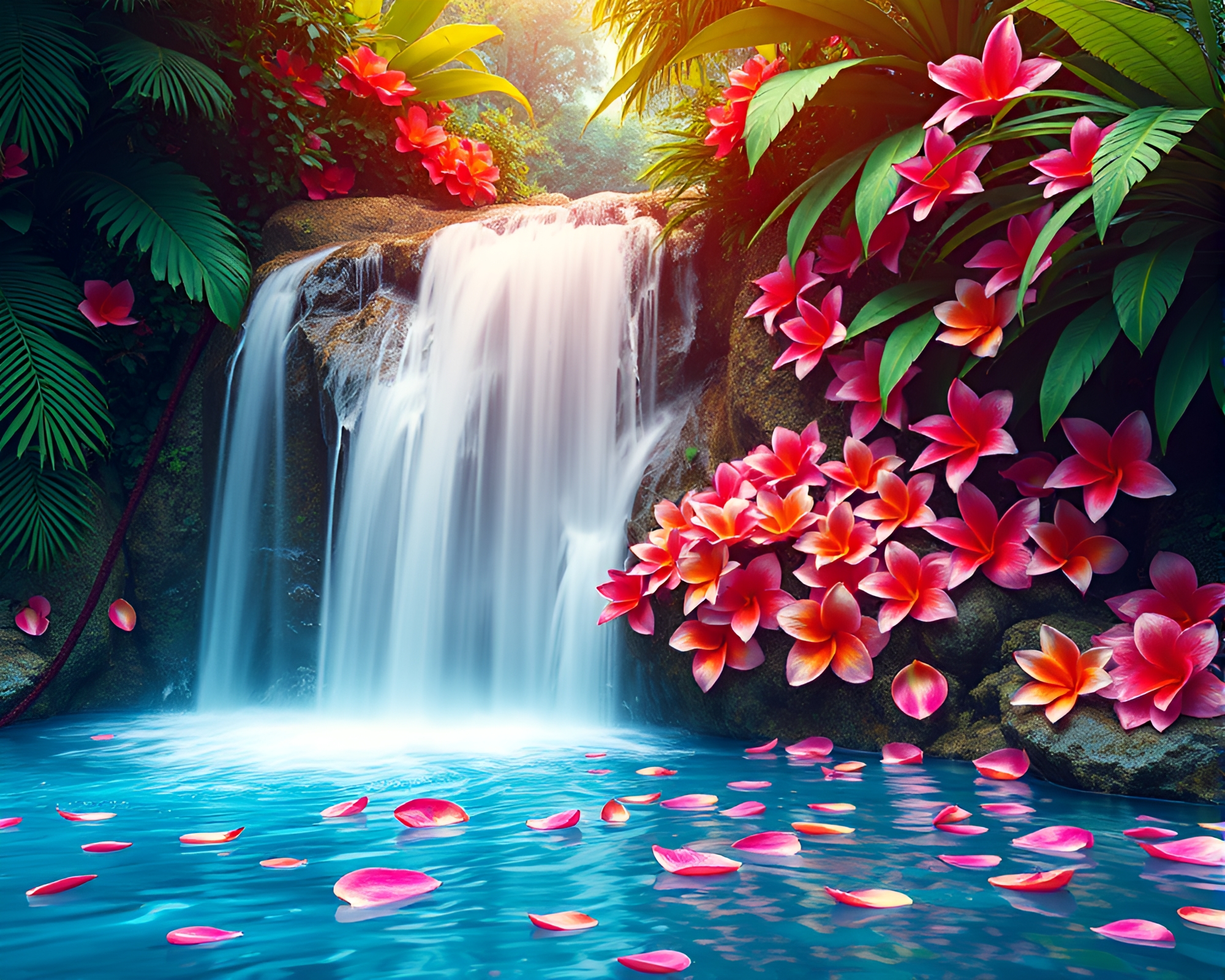 Tropical Waterfall Surreal Pixel Art with Flower Petals – free AI stock image