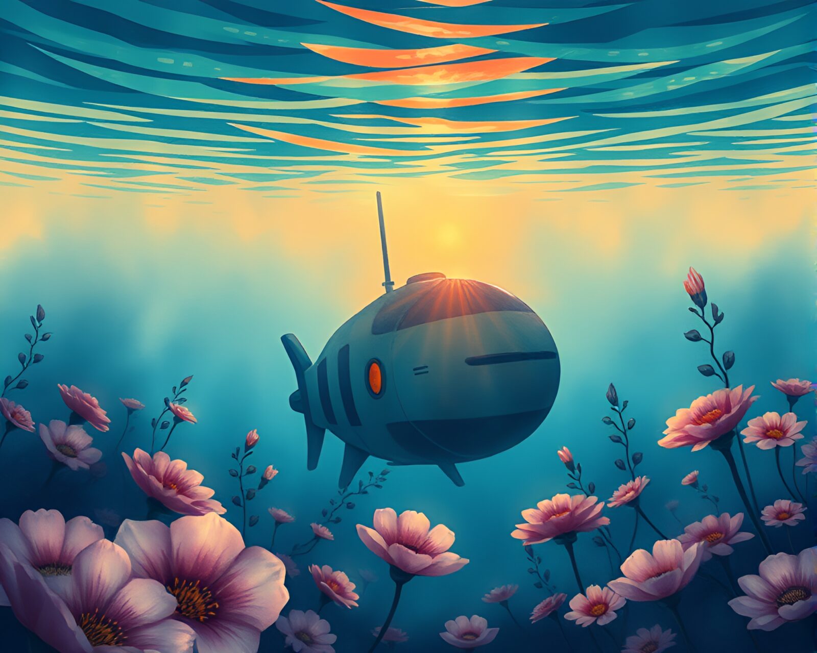 Illustration of futuristic submarine submerged in misty water blooms
