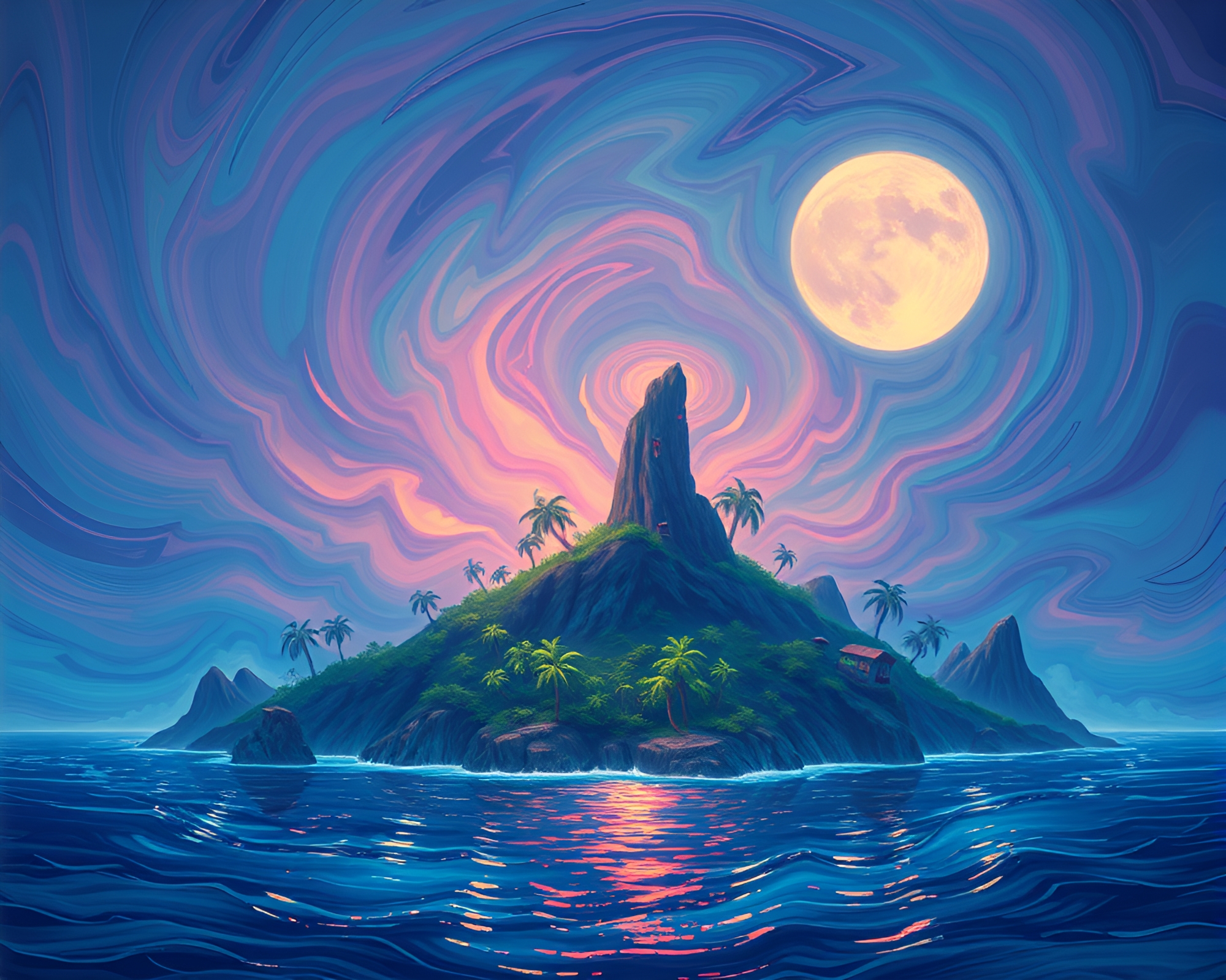 Mystical Island Necromancy through Lens Distortion Swirls – free AI stock image
