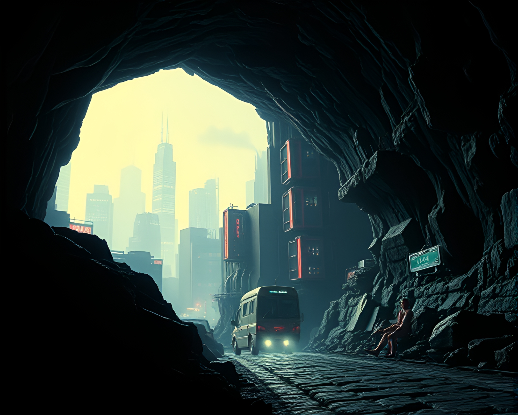 Futuristic City Cave Entrance In 80s VHS Style – free AI stock image