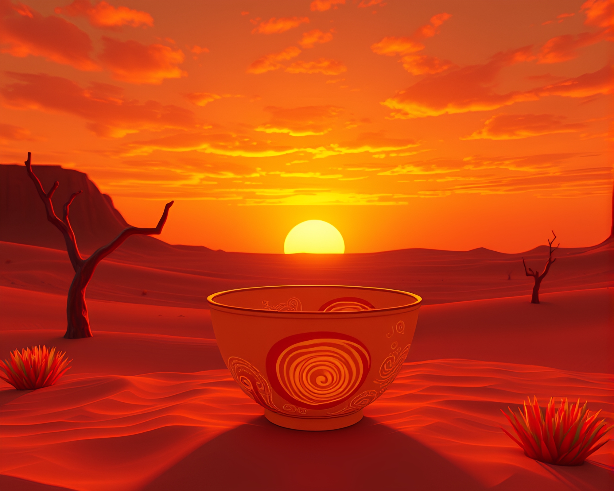 Ramen Sunset in 3D Anaglyph: Golden Spiral Composition – free AI stock image