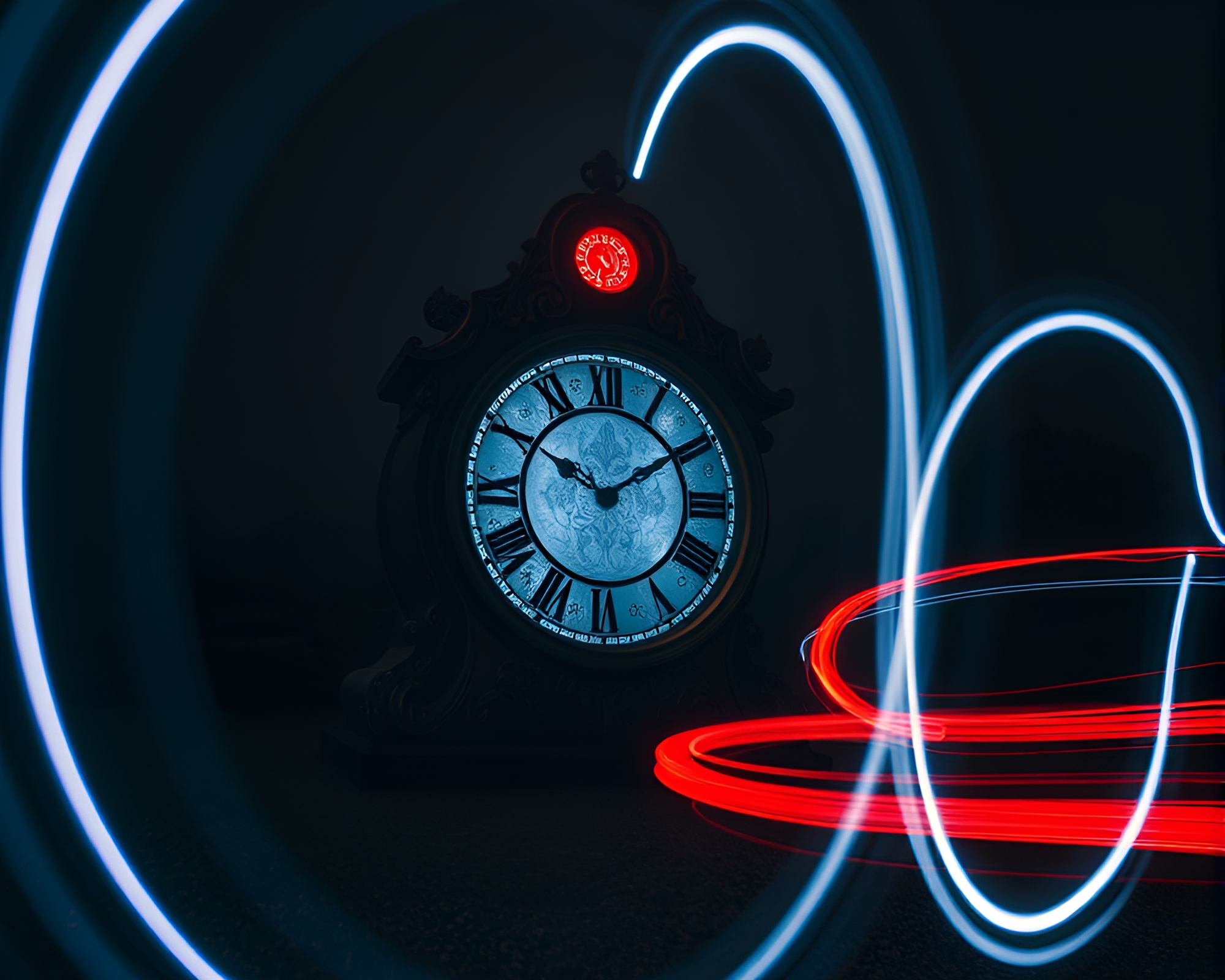 Chrono Clock Light Trails in Necromantic Shade – free AI stock image