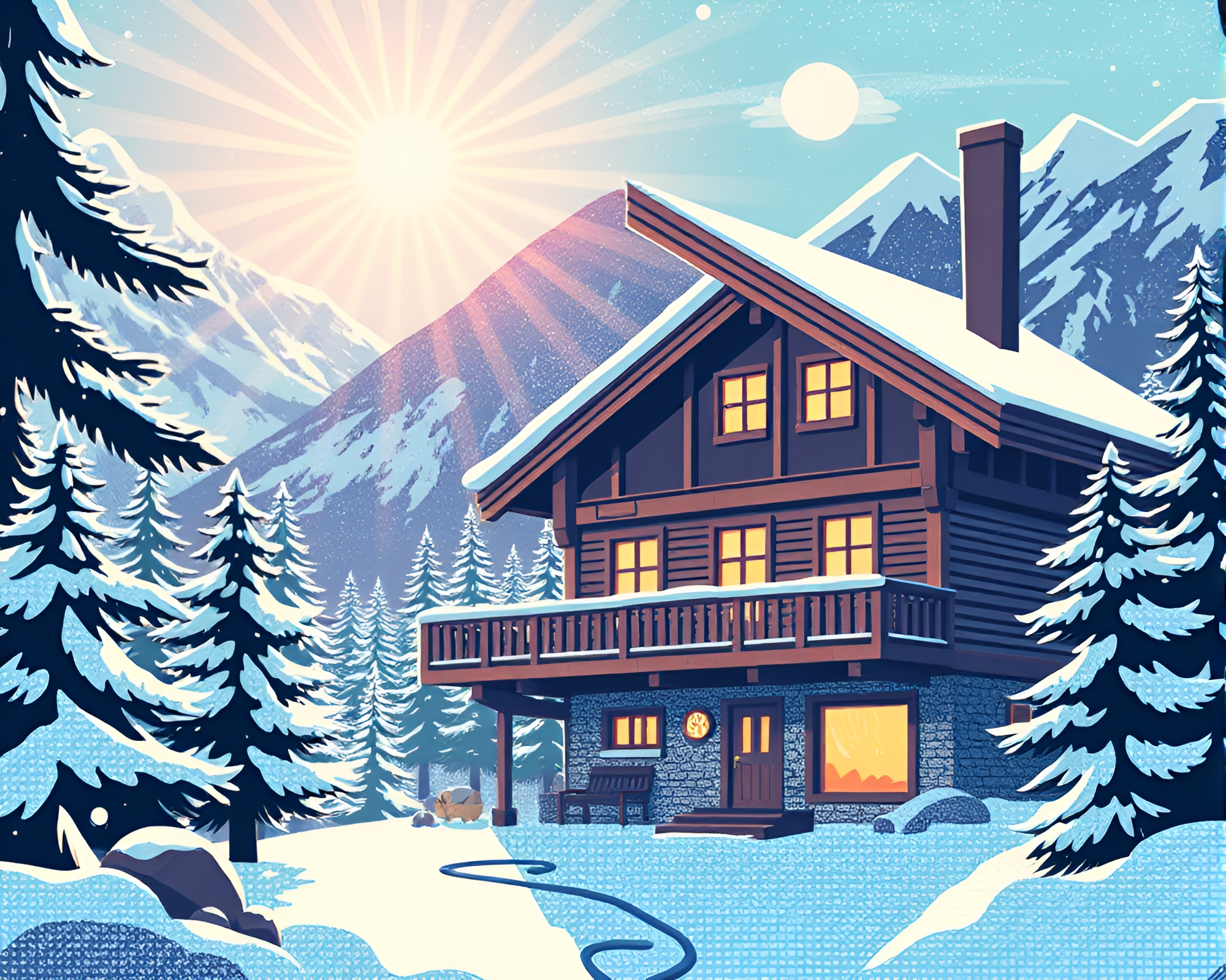Halftone Grid Alpine Chalet Lens Flare Burst – free AI stock image