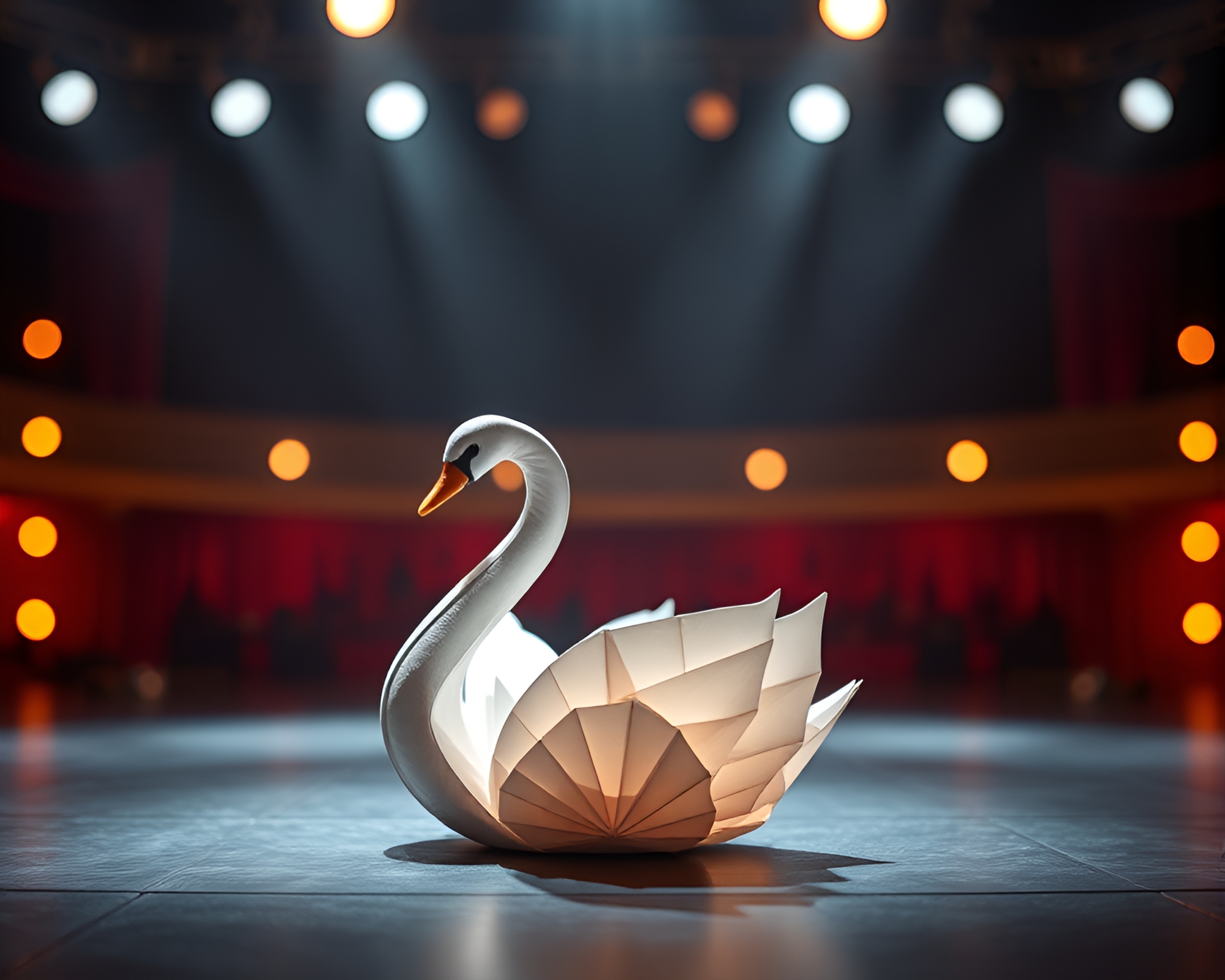 Glowing Origami Swan on Concert Stage, Soft Focus Background – free AI stock image