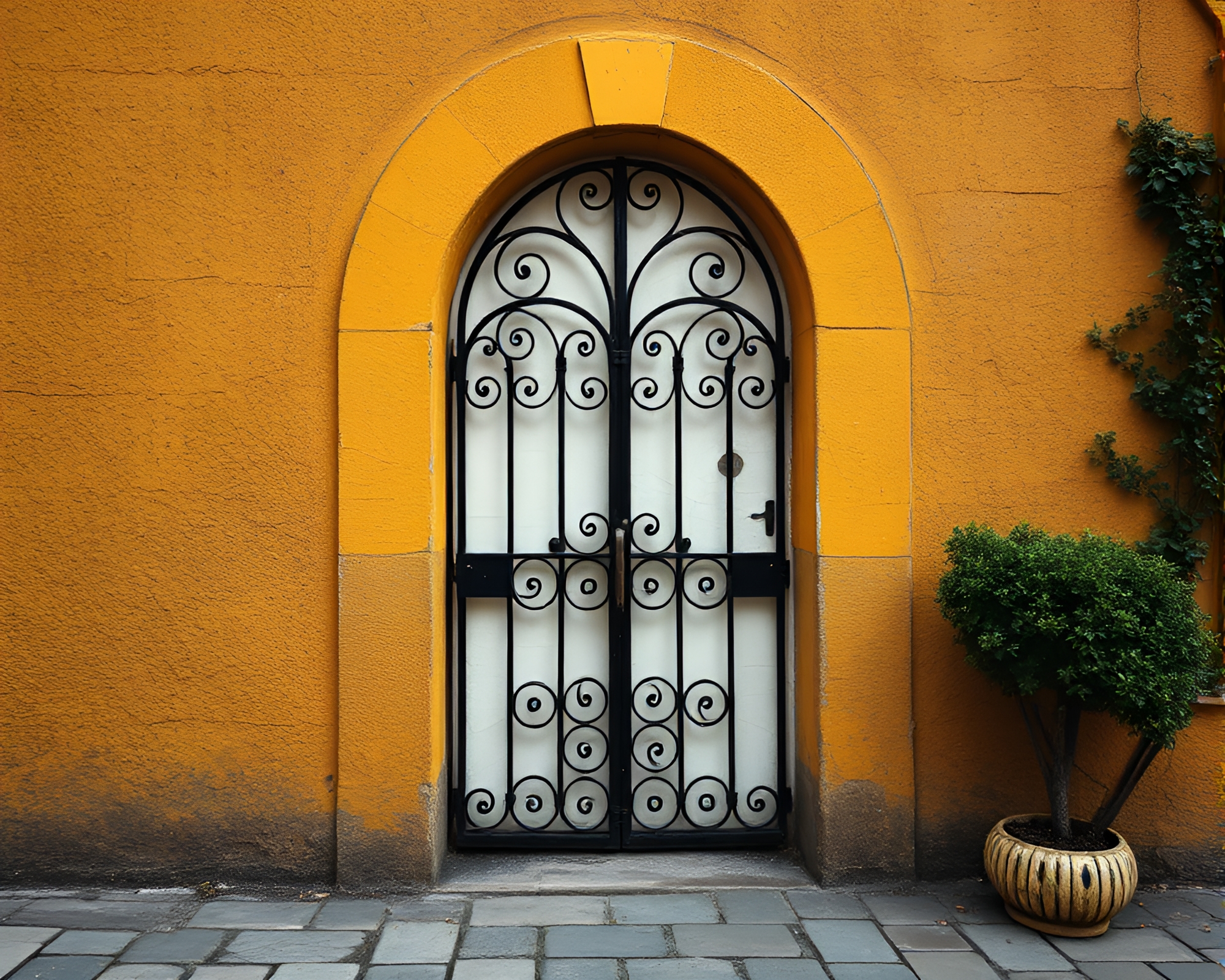 Cracked Earth Wrought Iron Gate Mustard Yellow Scene – free AI stock image