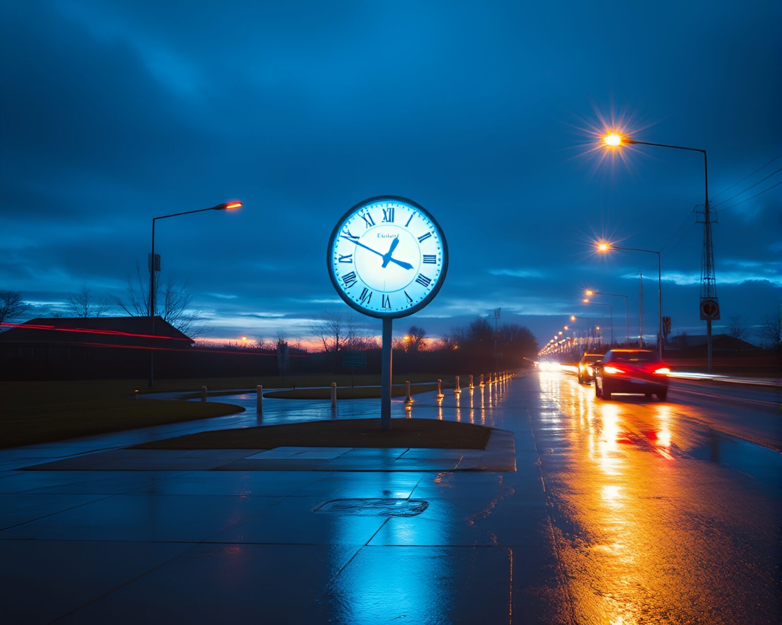 A mesmerizing double exposure of a chrono clock in polar twilight on wet pavement