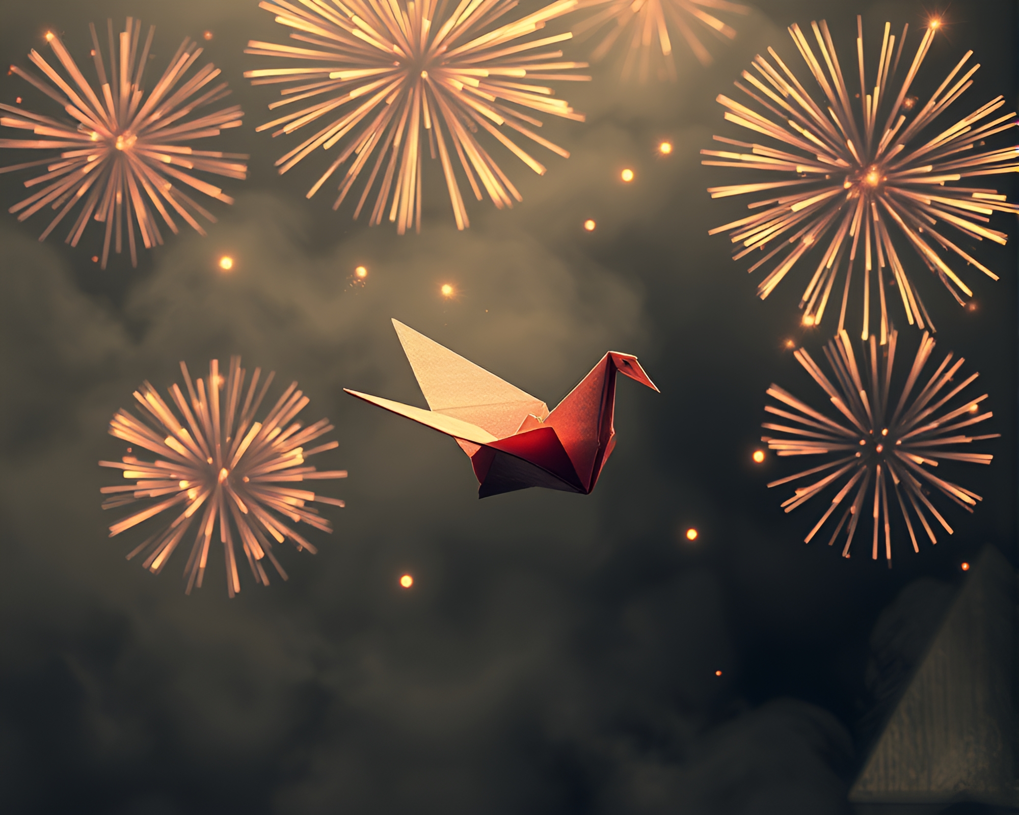 Origami crane in fireworks haze – free AI stock image