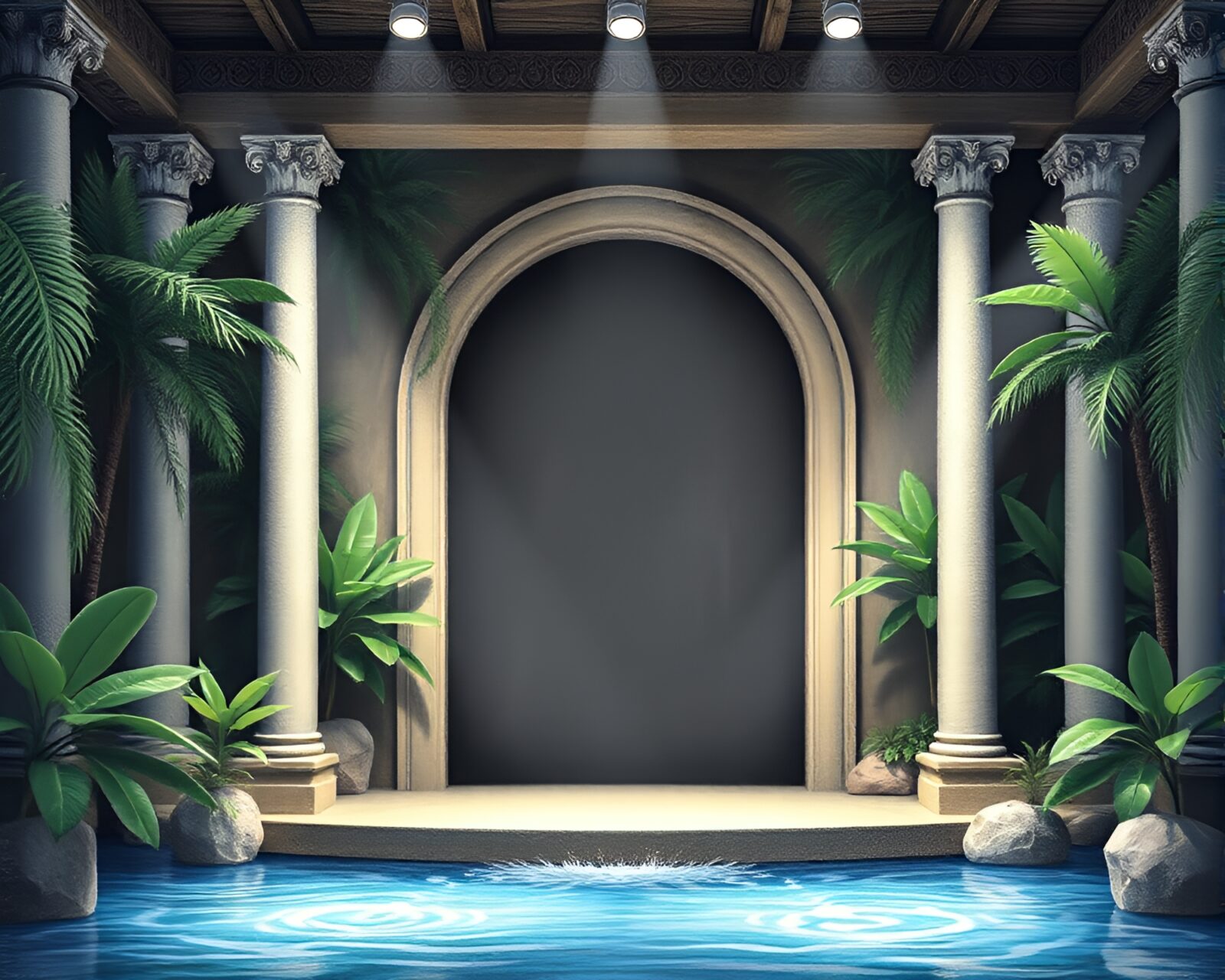 Chalk drawing of tropical waterfall framed by architectural archway under stage spotlight