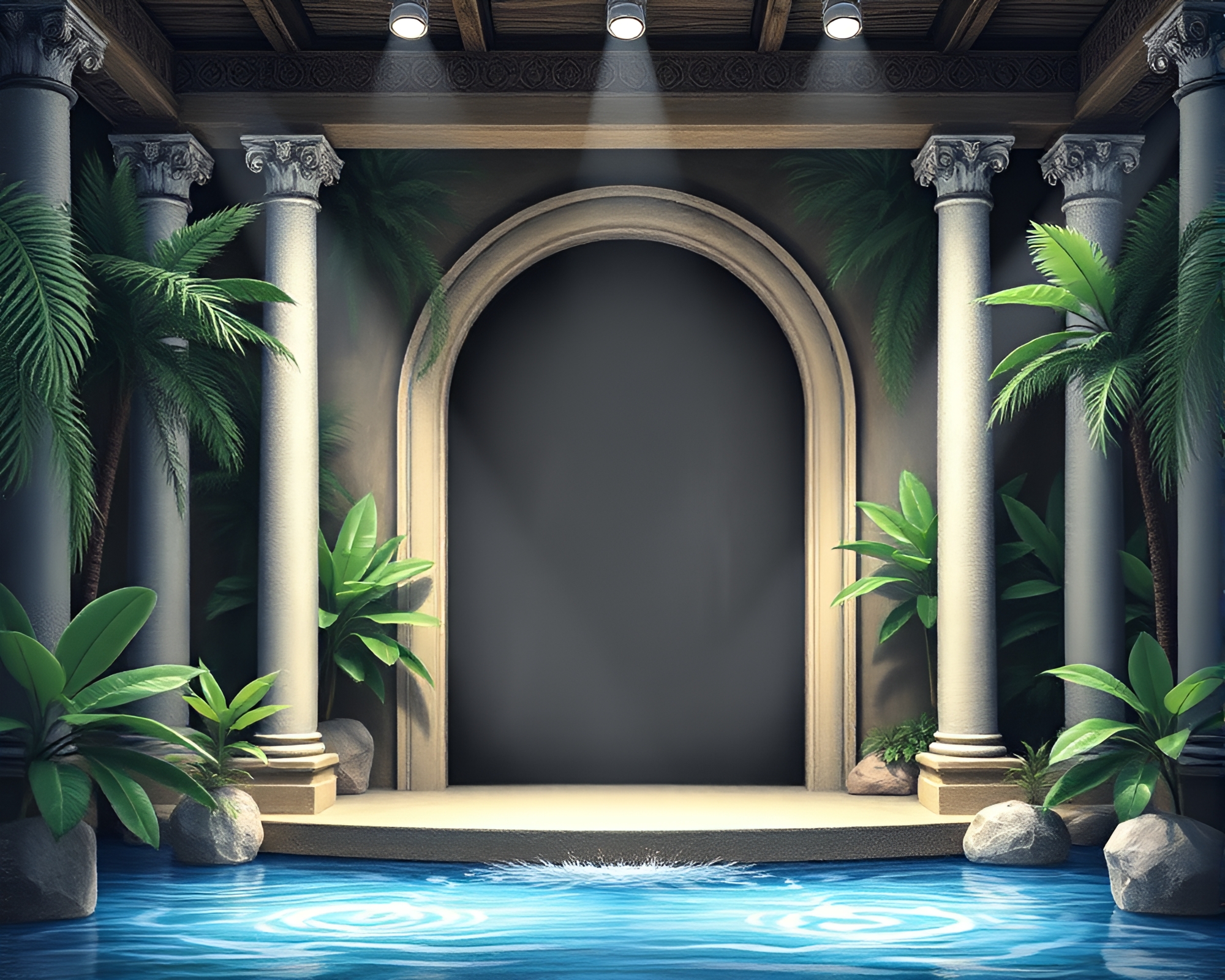 Tropical Waterfalls Through Chalk Archway Spotlight – free AI stock image