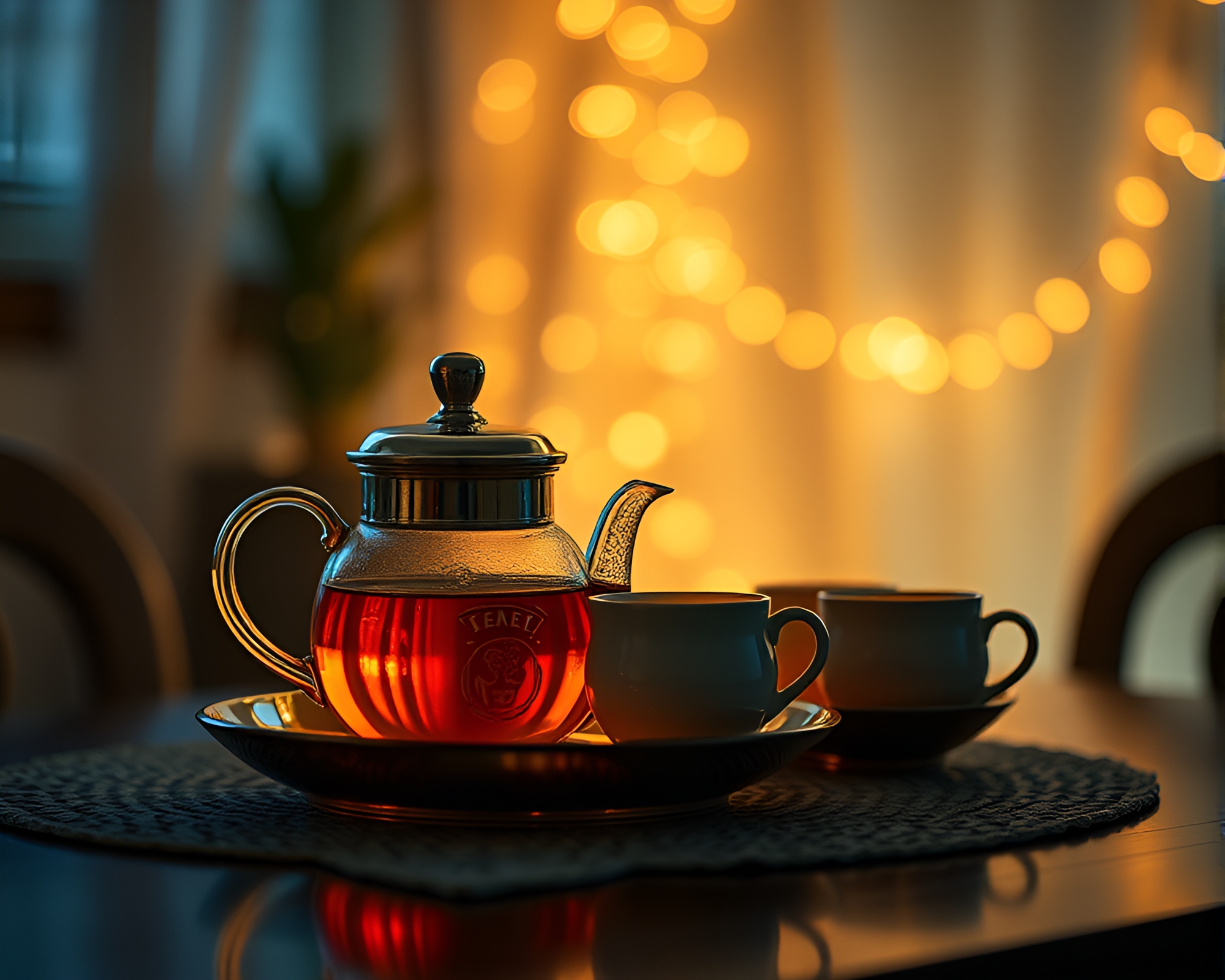 Tea Set Illuminated by Fireflies in Vaporwave Style – free AI stock image