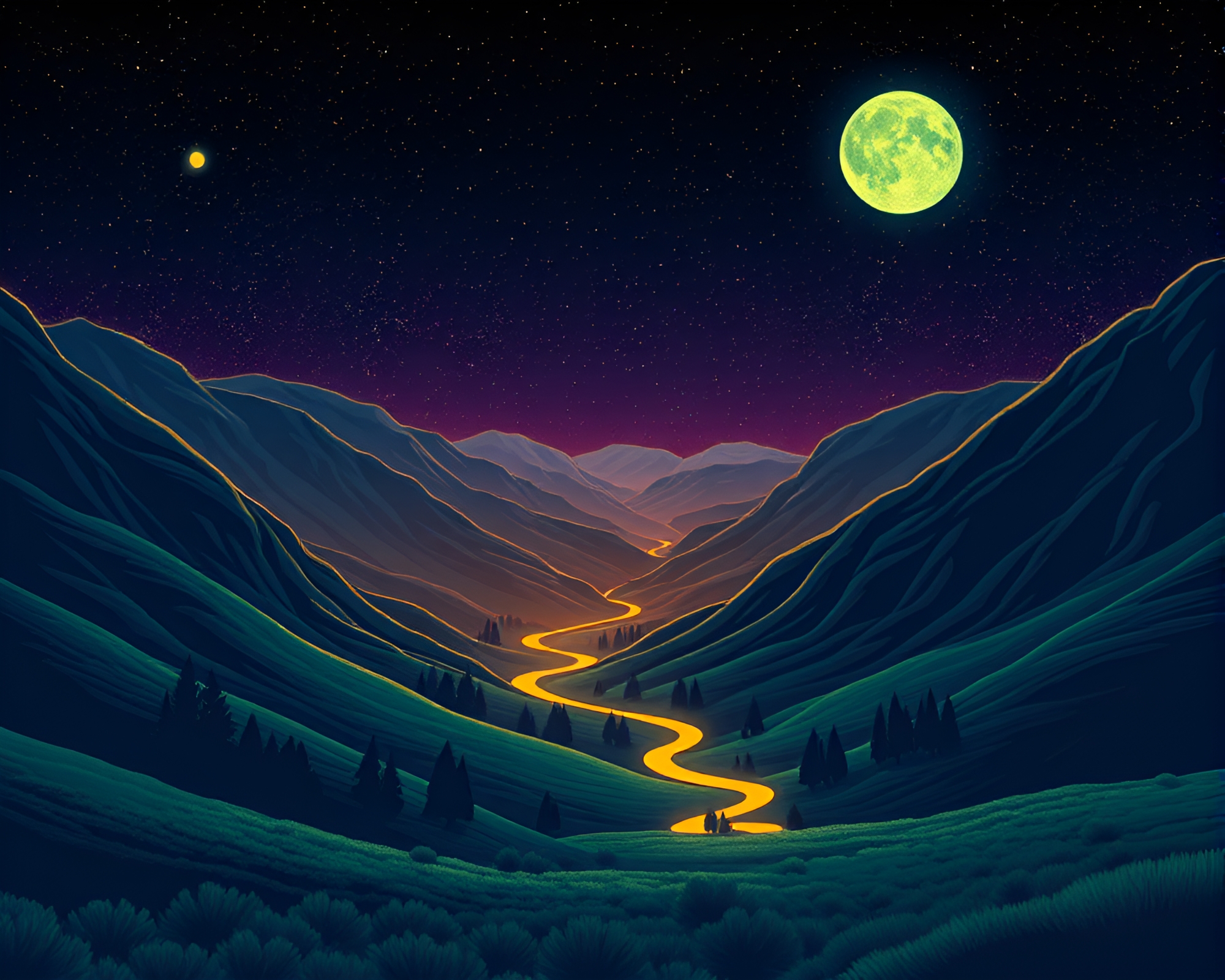 Ethereal Valley Glow: Flat Design Glow-in-the-Dark Texture Overlay – free AI stock image