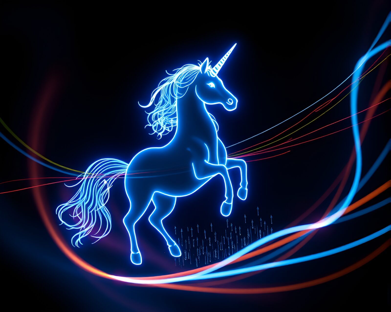 Fantastical unicorn surrounded by glowing light trails in intricate line art style