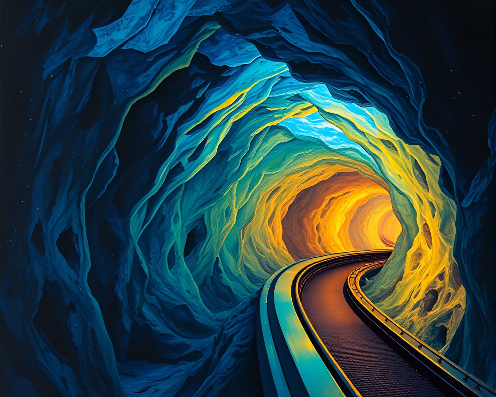 Painting of a monorail entering a holographic-lit cave