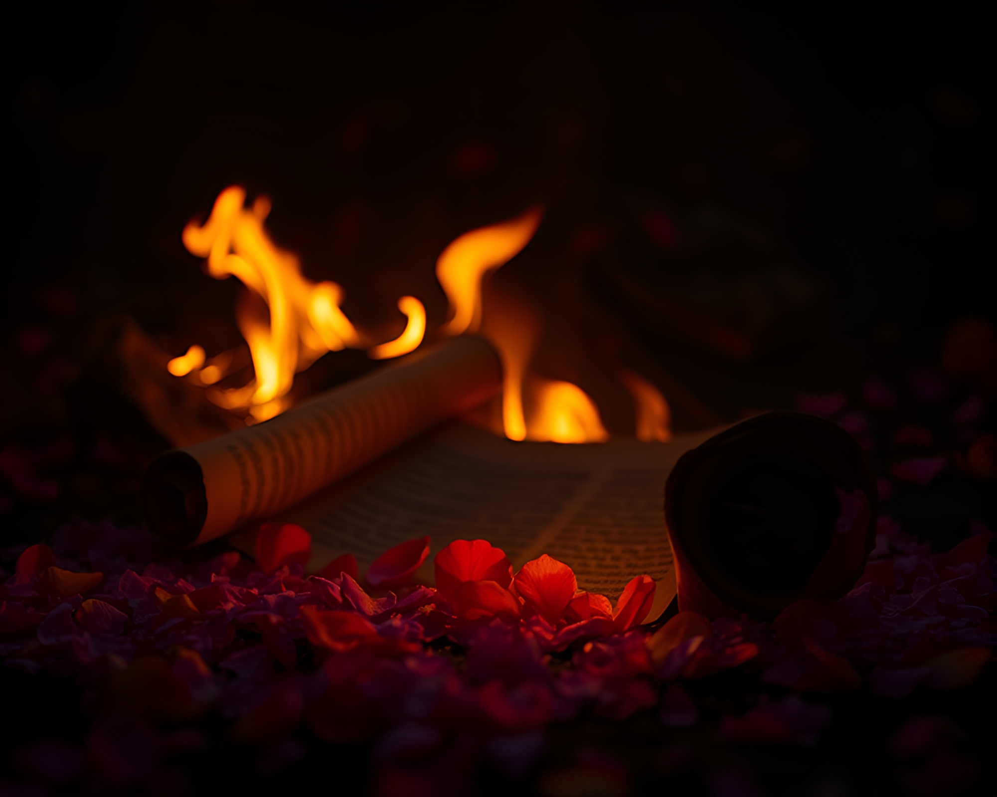 Enigmatic Ancient Scroll Amidst Scarlet Petals – free AI stock image