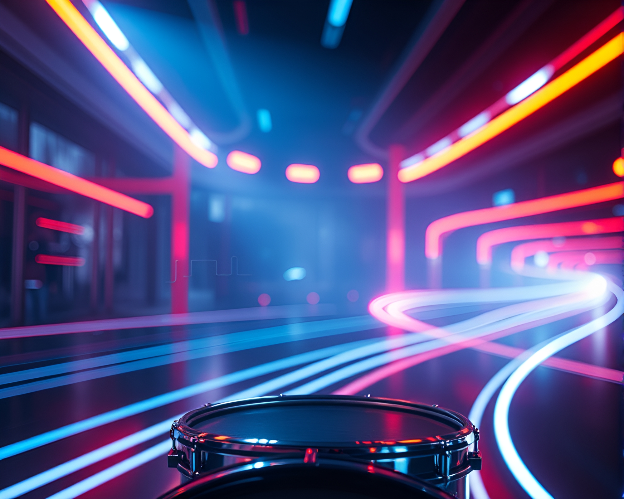 Futuristic Drummer in Hud Light Trails Composition – free AI stock image
