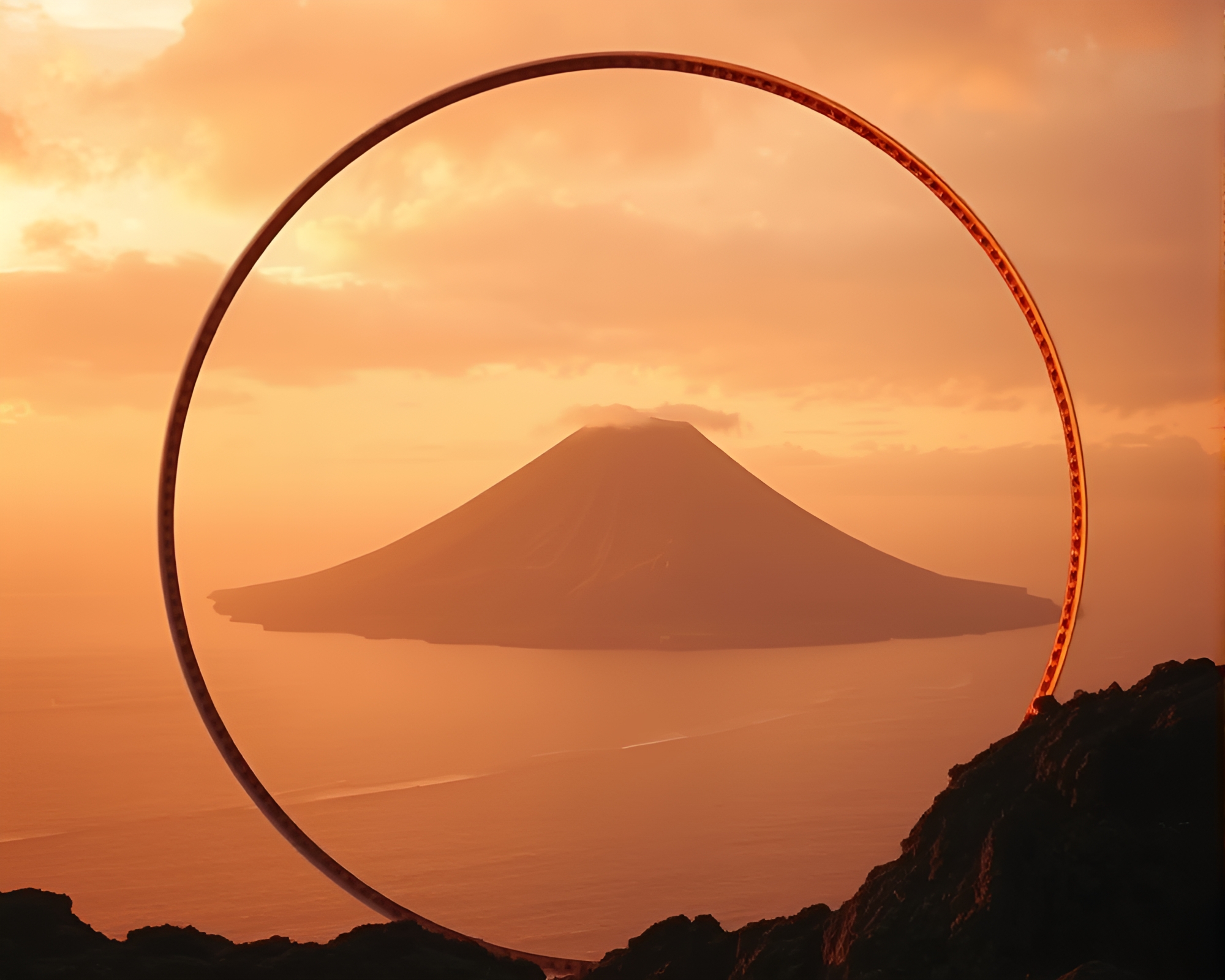Enchanting Volcanic Island Sunset with Circular Frame Composition – free AI stock image