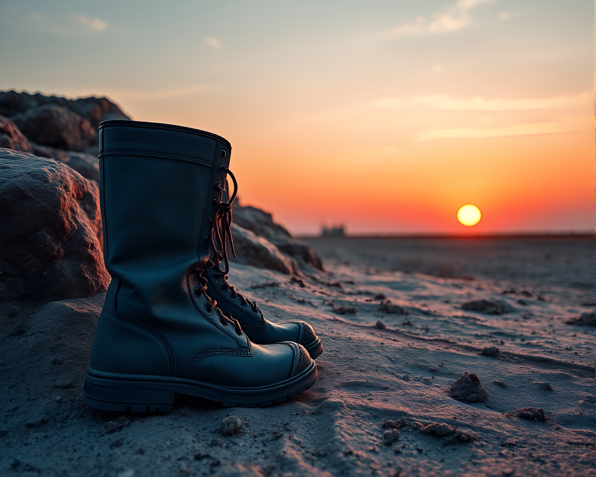 Grunge Sunrise: Gravity Boots in Scratch Textures – free AI stock image