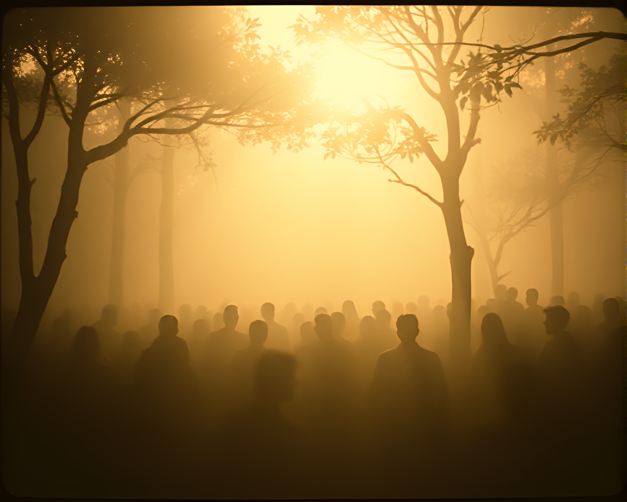 Enigmatic Silhouettes in Ancient Forest with Retro Effects – free AI stock image