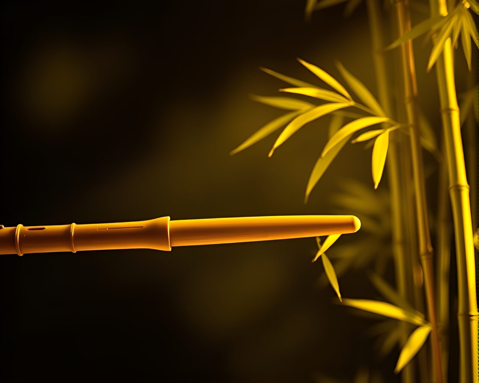 Abstract art with bamboo flute and mustard yellow tones