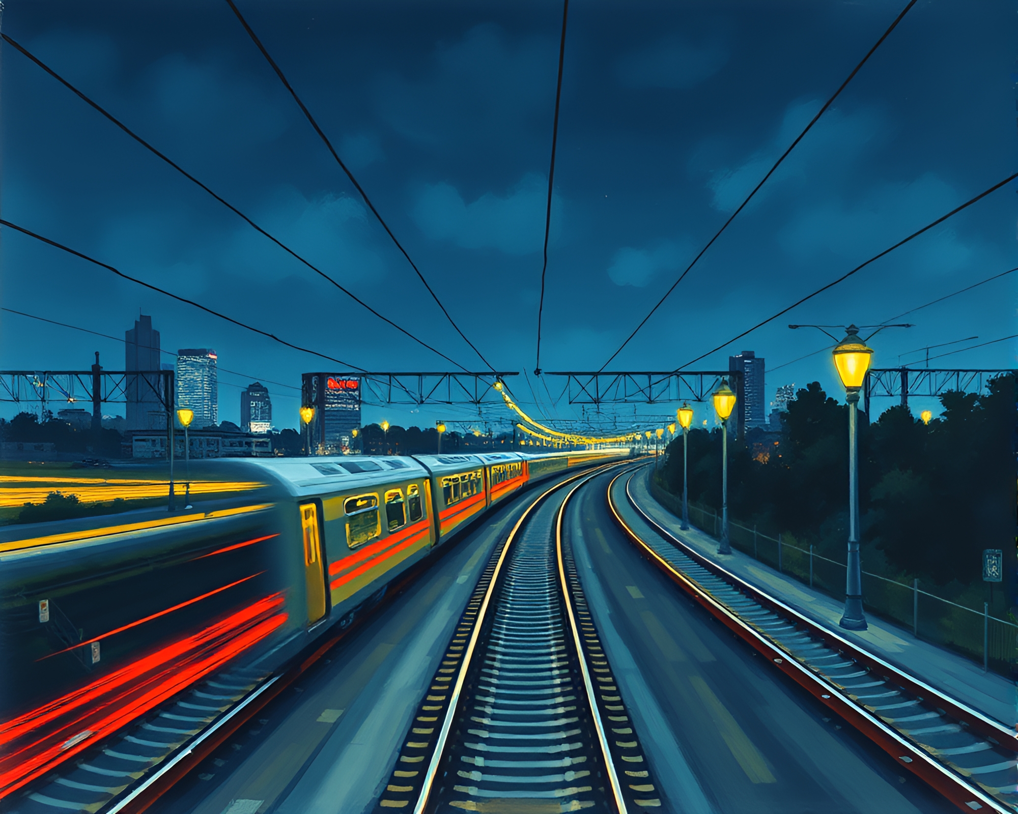 Gouache Jetpack in City Train Light Trails Painting – free AI stock image